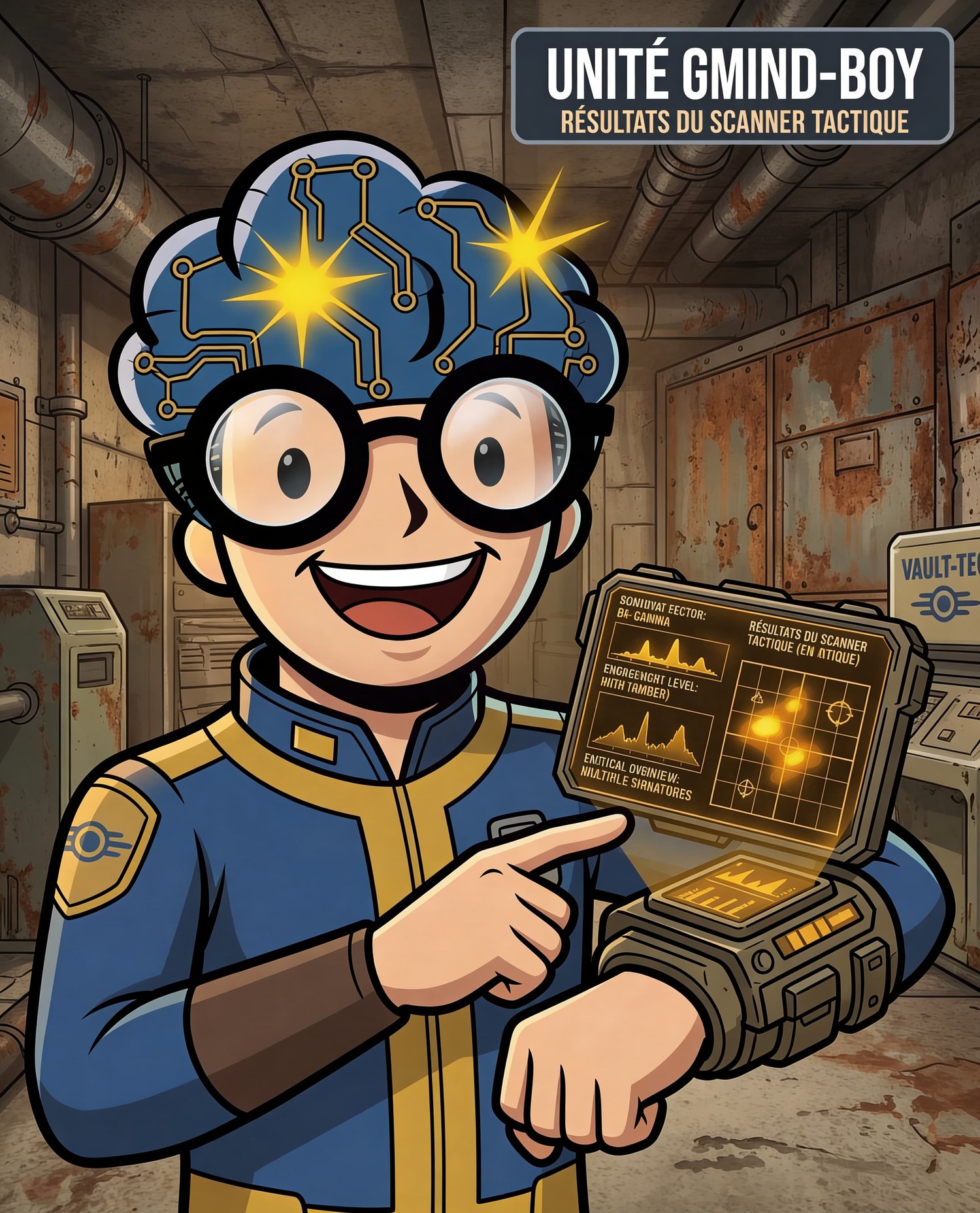 Unité GMIND-BOY pointant un radar tactique affichant des pics d'engagement ambre sur fond de bunker industriel.