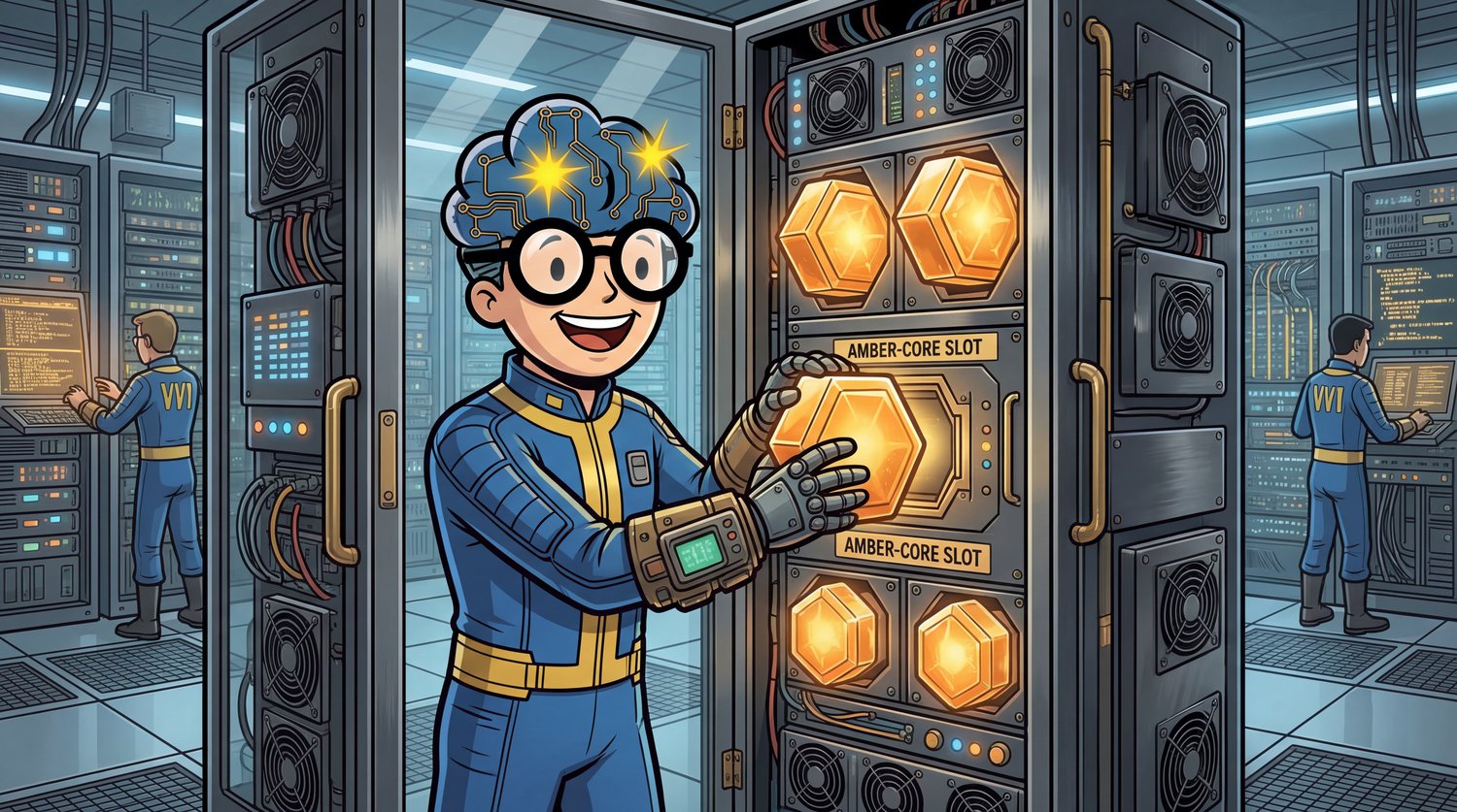 Représentation graphique de l'Arsenal B-AE-OS avec des racks d'équipements technologiques et des flux de données ambre.