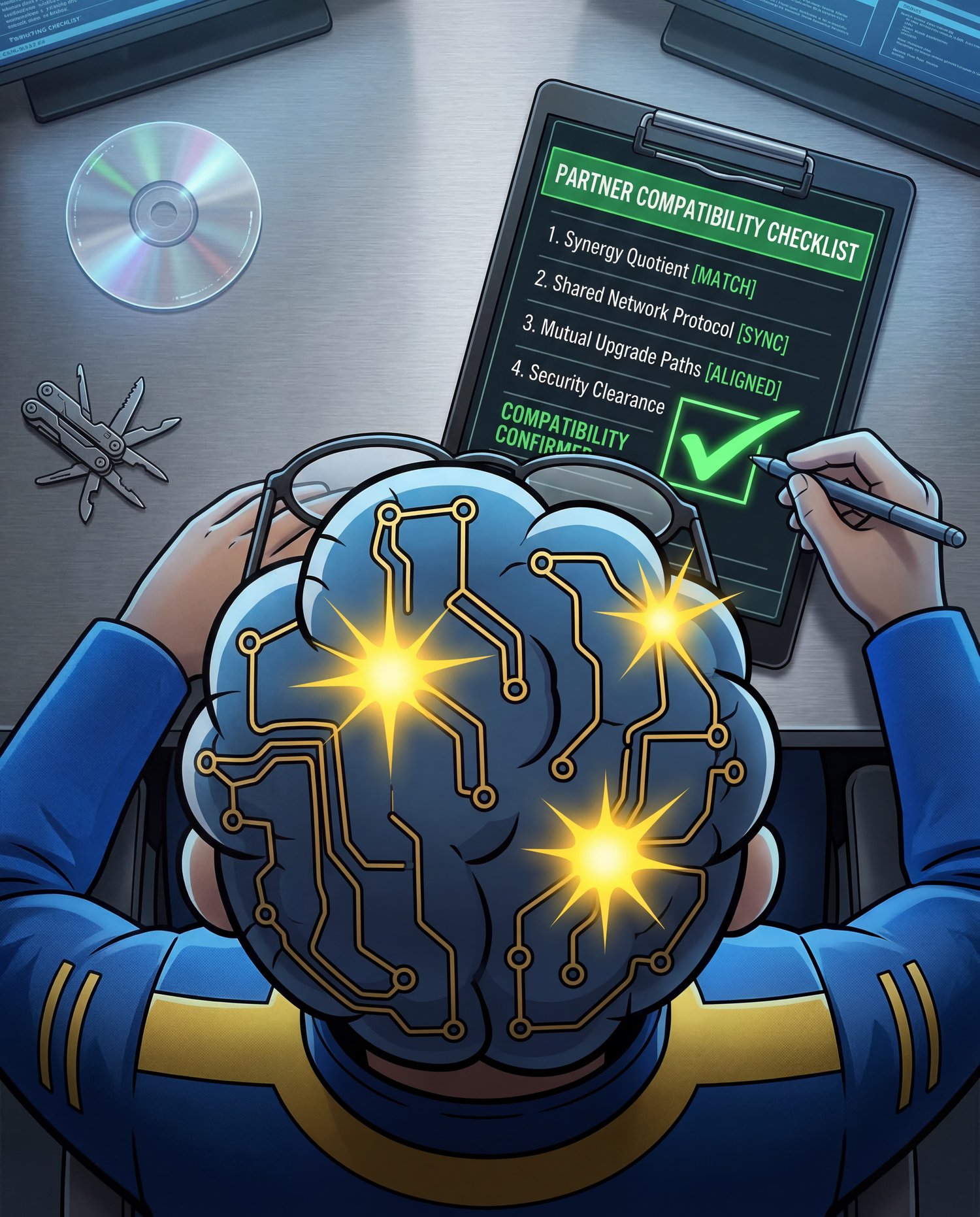 Vue de dessus de GMIND-BOY avec un presse-papier numérique validant une checklist de compatibilité partenaire.