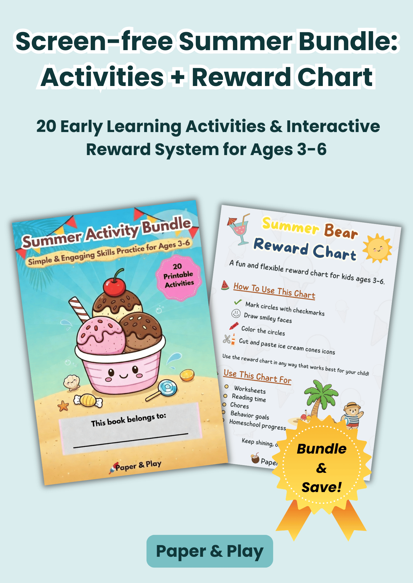 Summer learning bundle for children aged 3-6 showing a variety of worksheets like "Summer Shape Matching" alongside a "Summer Bear Reward Chart" for tracking chores and reading.