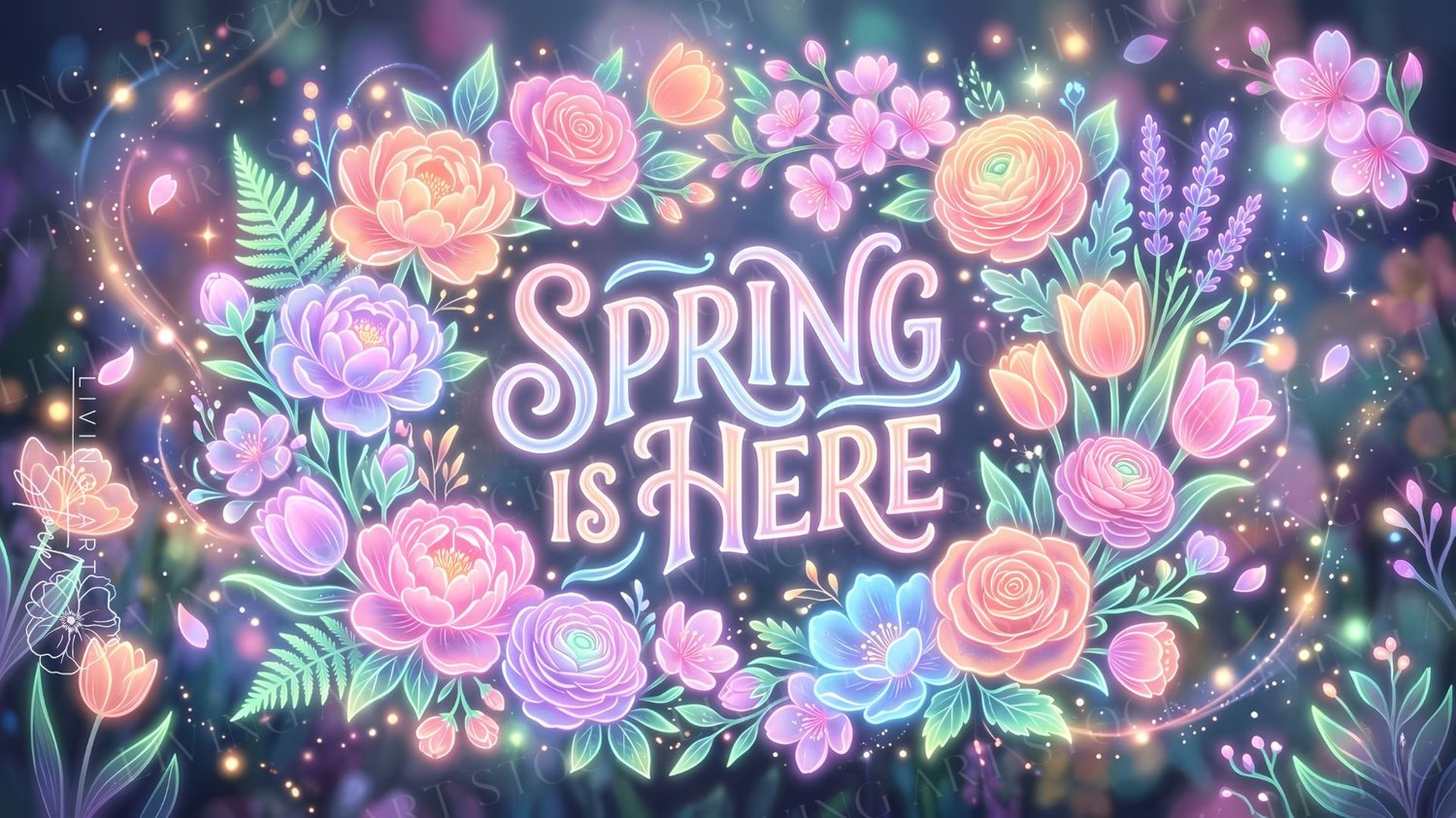 Colorful floral illustration features the phrase "Spring is Here" surrounded by a vibrant arrangement of various flowers, including roses, peonies, and tulips. The flowers are depicted in a swirling pattern with hues of pink, orange, blue, and purple. Lea