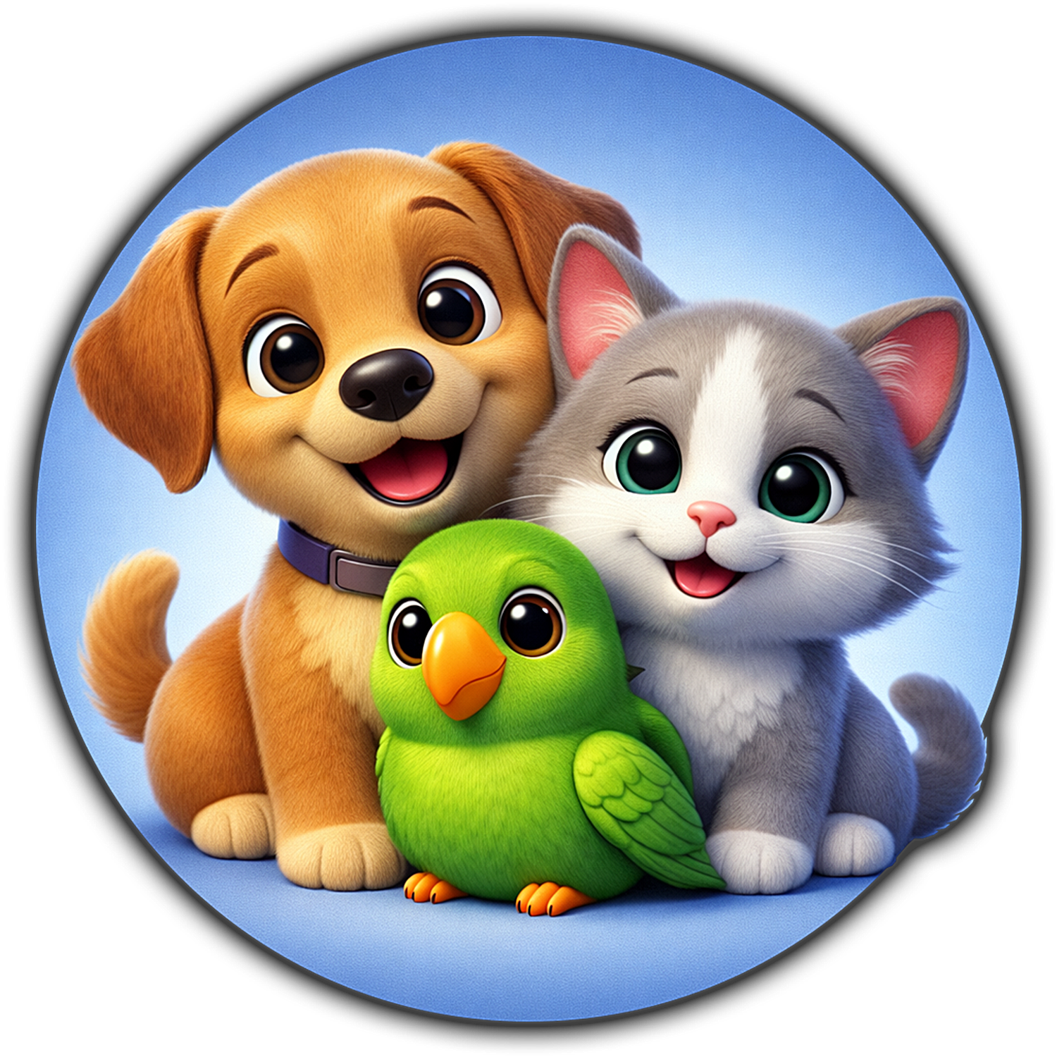 A cute 3D cartoon illustration of a smiling golden retriever puppy, a grey kitten, and a green parrot sitting together on a light blue background.