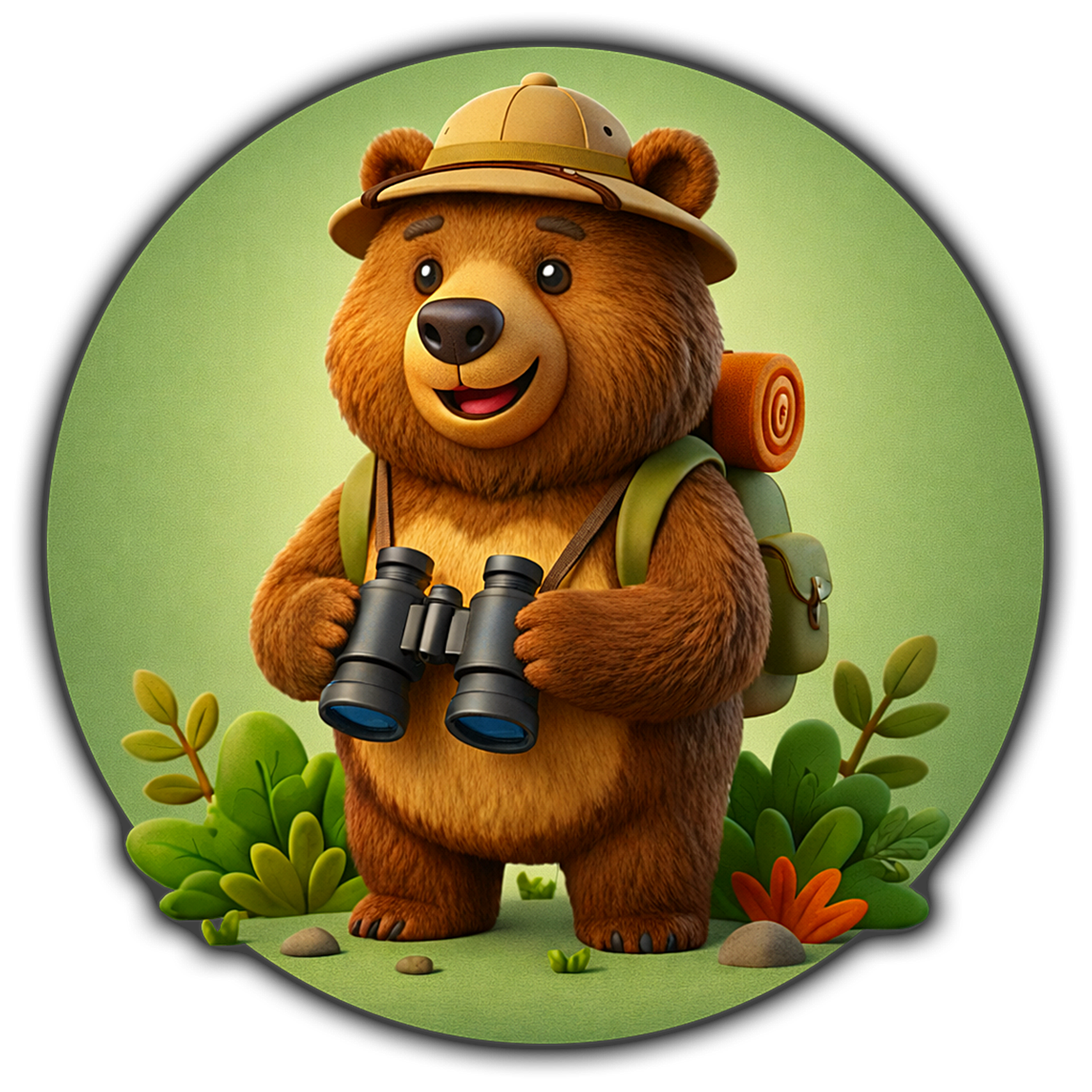 3D cartoon brown bear explorer wearing a safari hat and backpack holding binoculars.