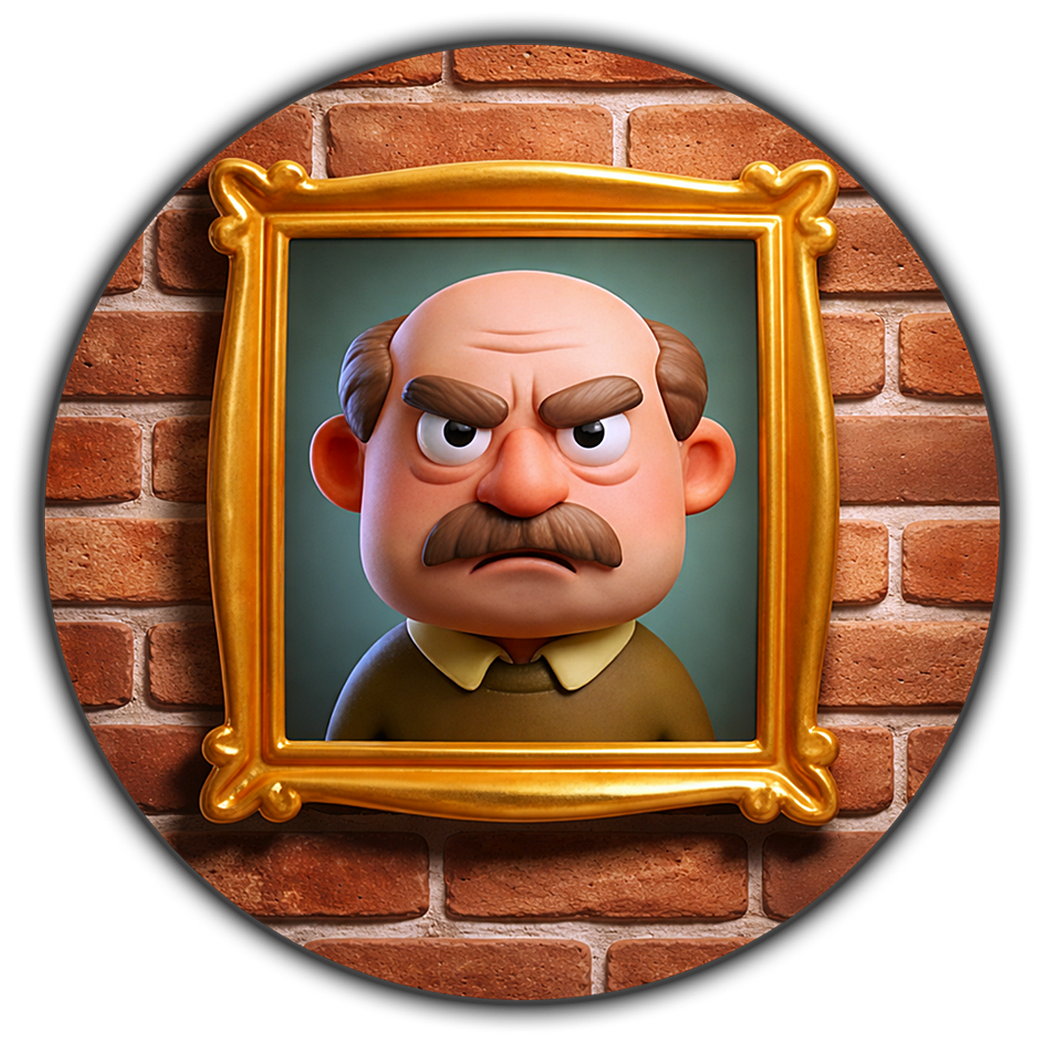 Cartoon 3D illustration of a bald, angry man with a mustache, framed in a gold ornate picture frame against a brick background.