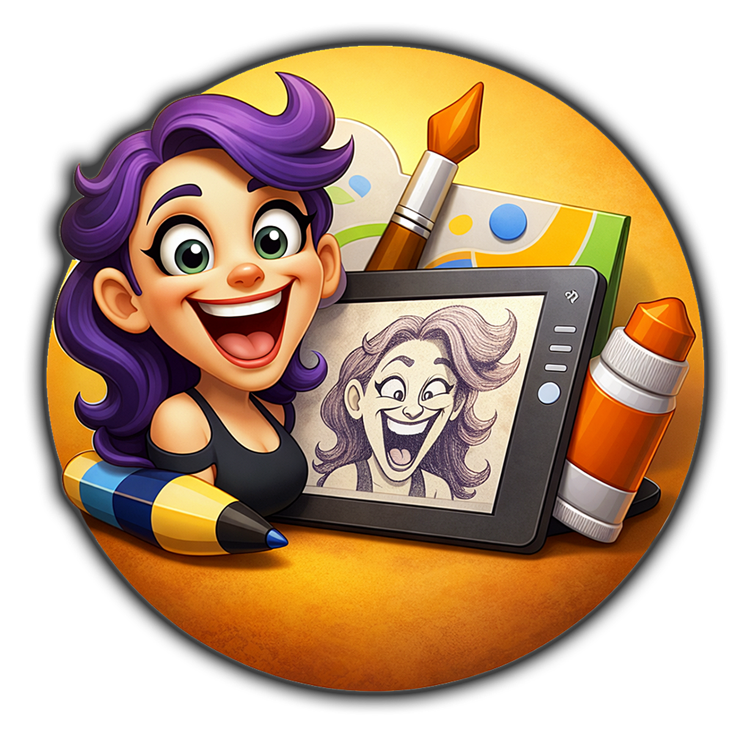 A vibrant cartoon illustration of a smiling woman with purple hair next to a digital drawing tablet showing her self-portrait, surrounded by art supplies like brushes and pencils on a yellow circular background.