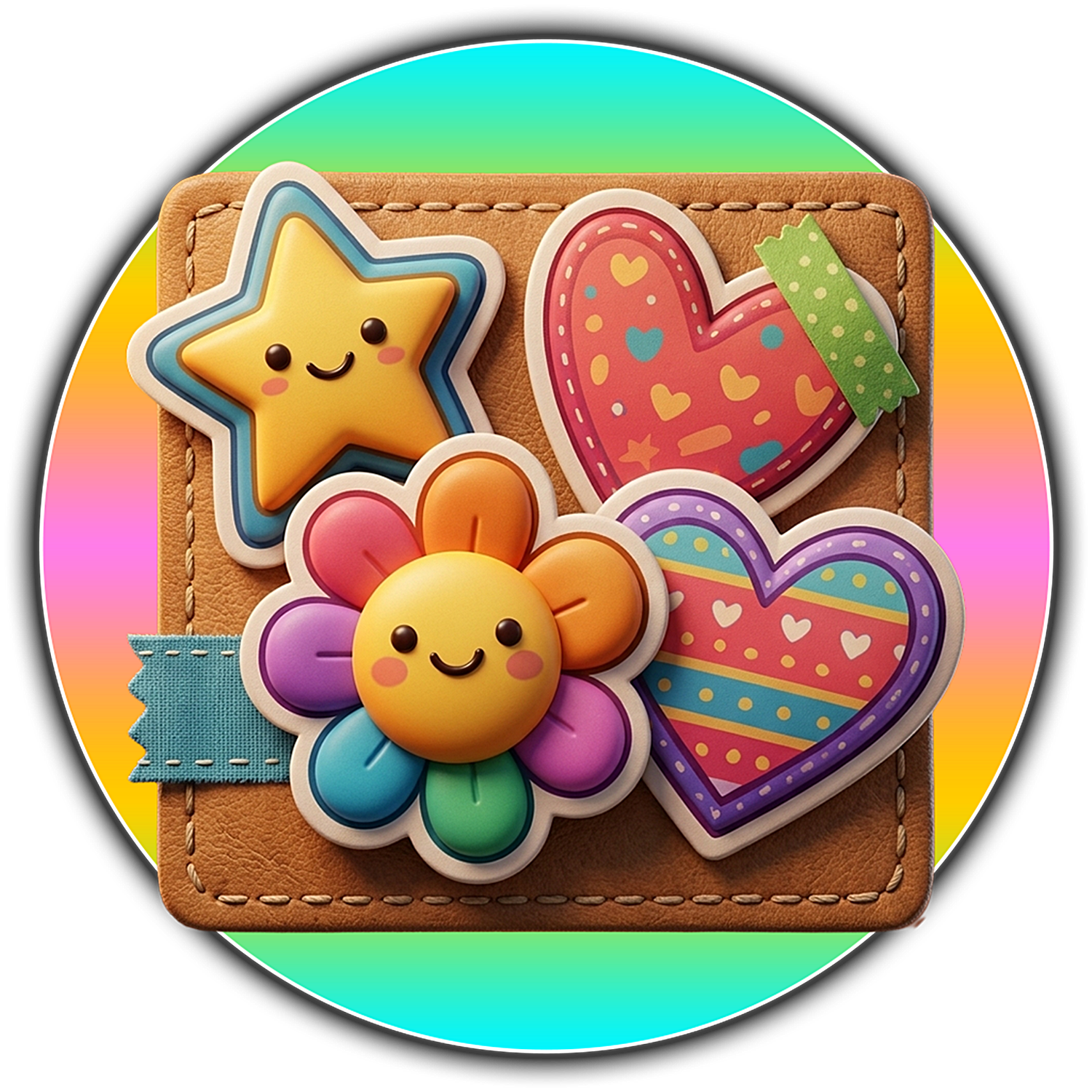 Colorful 3D sticker collection with smiling star and rainbow flower characters on a stitched leather background, circular graphic design.