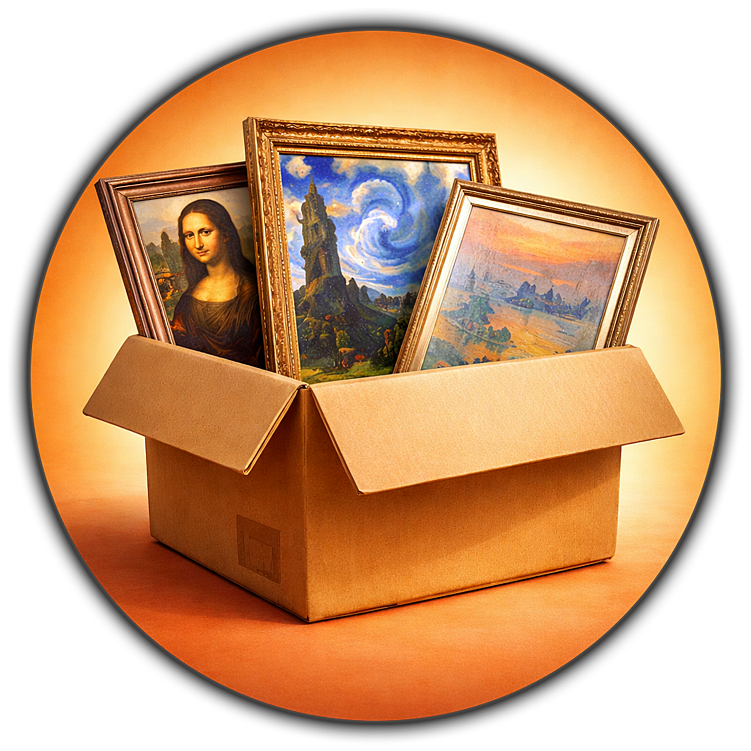 Cardboard box with framed paintings including Mona Lisa, fantasy landscape, and serene river scene under spotlight