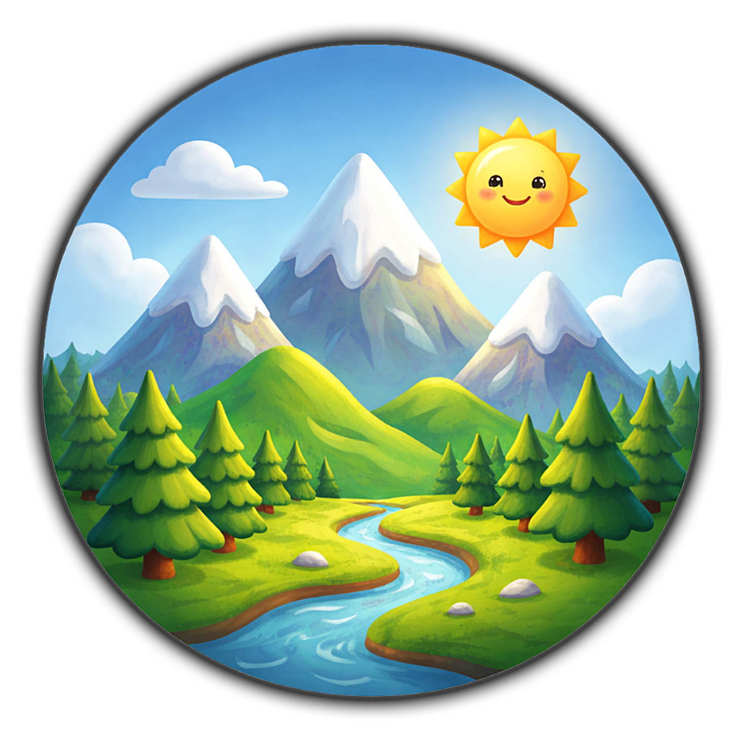 Whimsical mountain landscape illustration with snow‑capped peaks, green hills, winding river, evergreen trees, blue sky, and smiling cartoon sun.