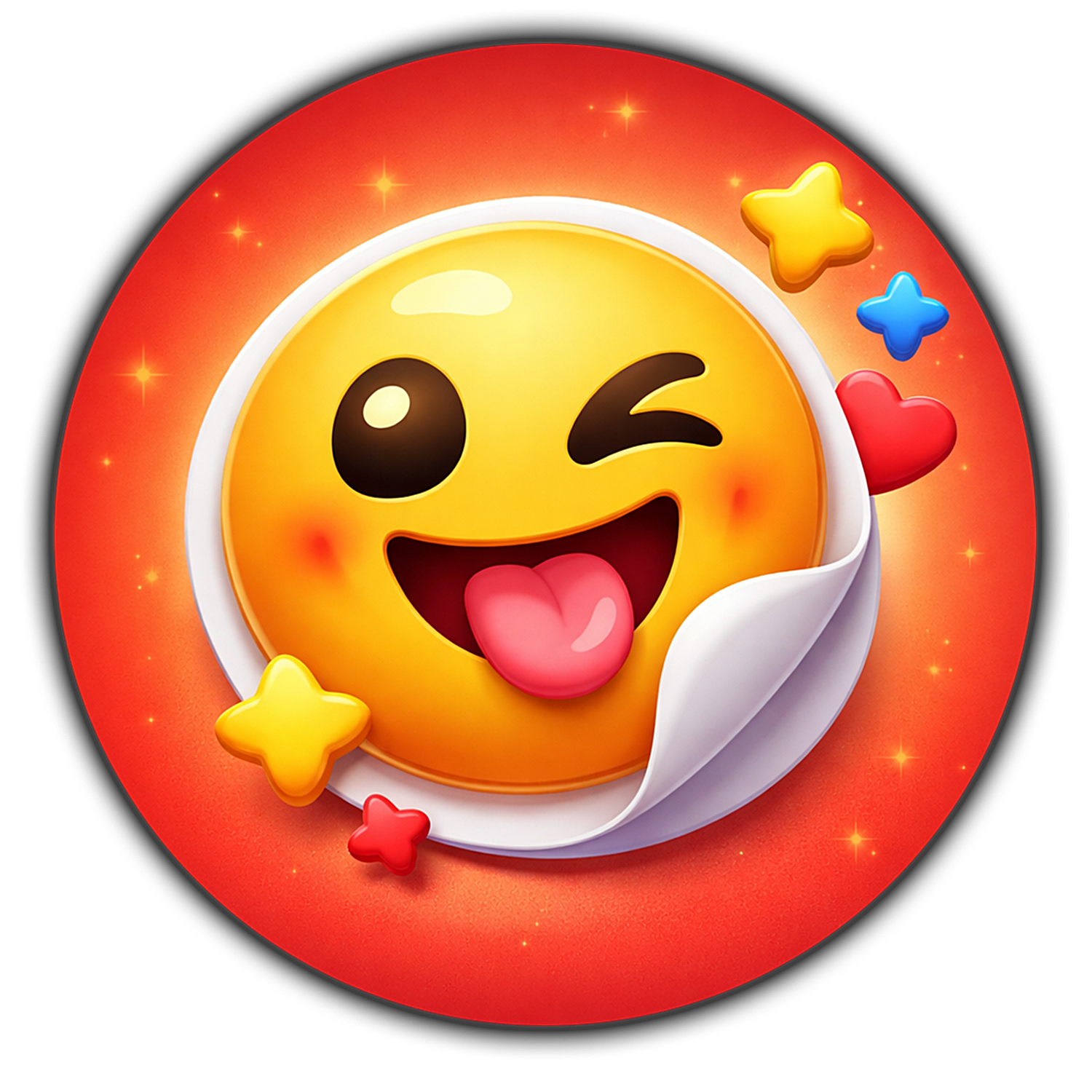 Playful winking emoji sticker with tongue out on red sparkly background, surrounded by colorful stars and hearts.