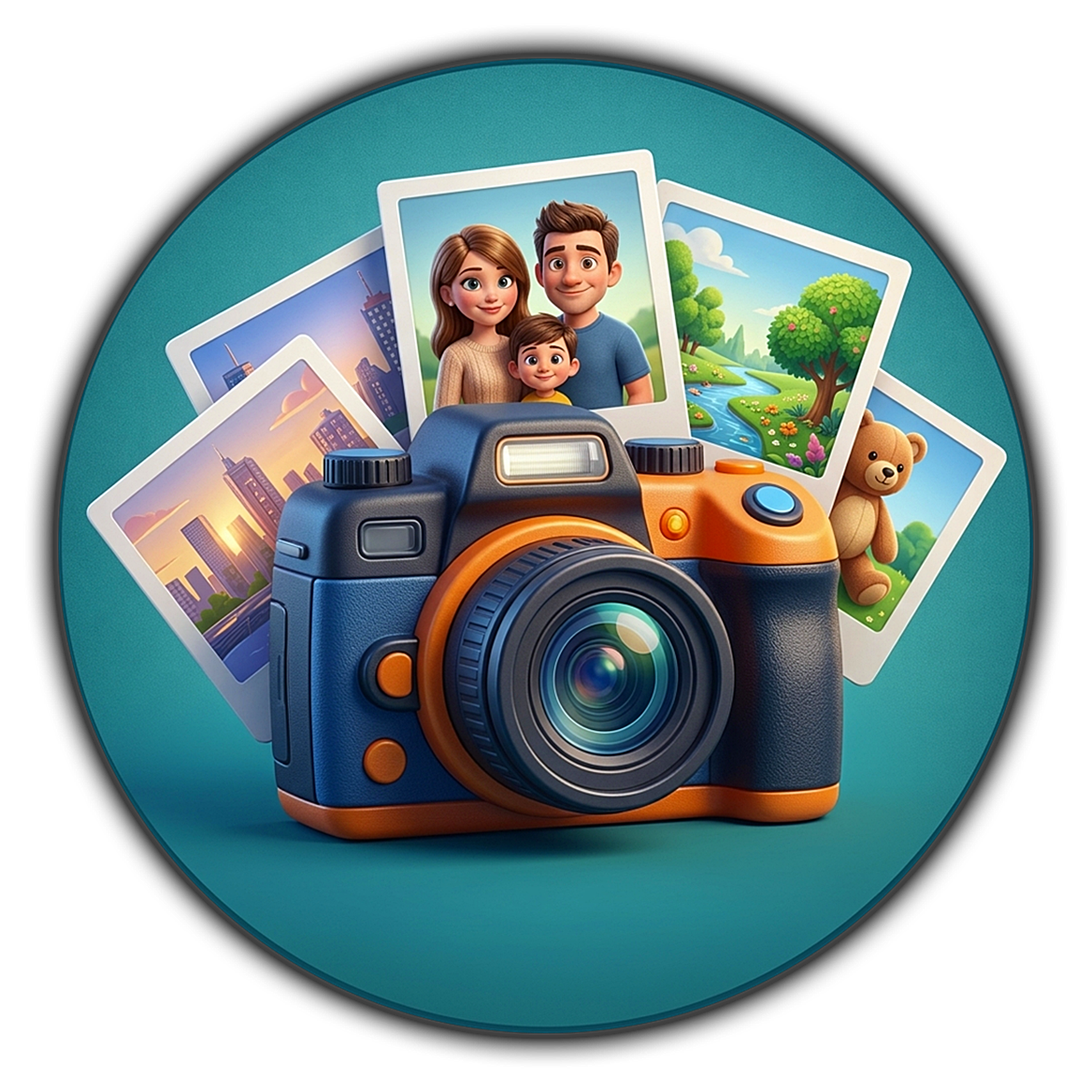 Digital illustration of a camera surrounded by photos including city skyline, family portrait, scenic landscape, and teddy bear, symbolizing photography and memories.