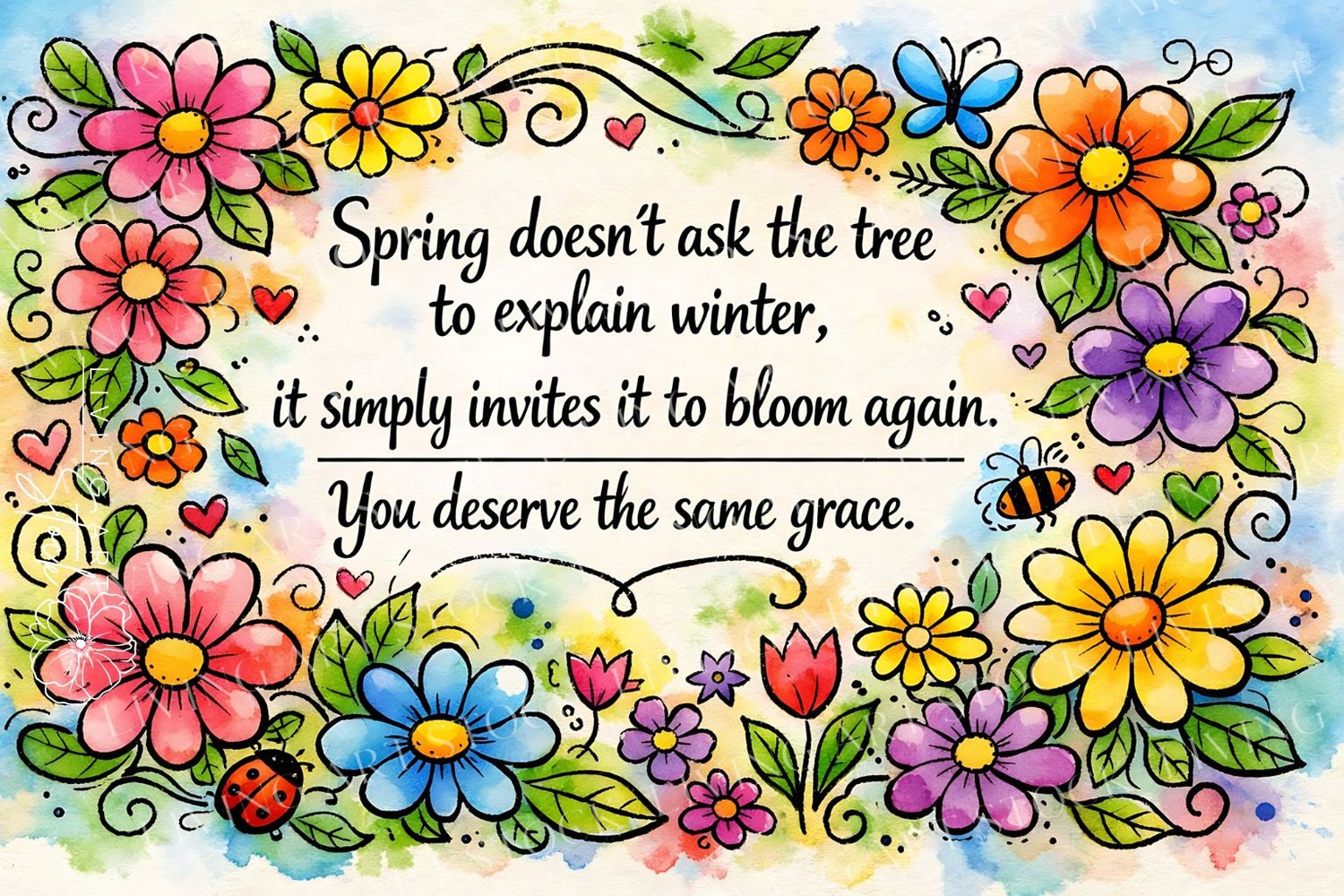 A detailed watercolor and ink illustration featuring a dense, colorful border of mixed spring flowers, leaves, and small insects like a ladybug and bee. At the center, a decorative text reads: "Spring doesnt ask the tree to explain winter, it simply invi