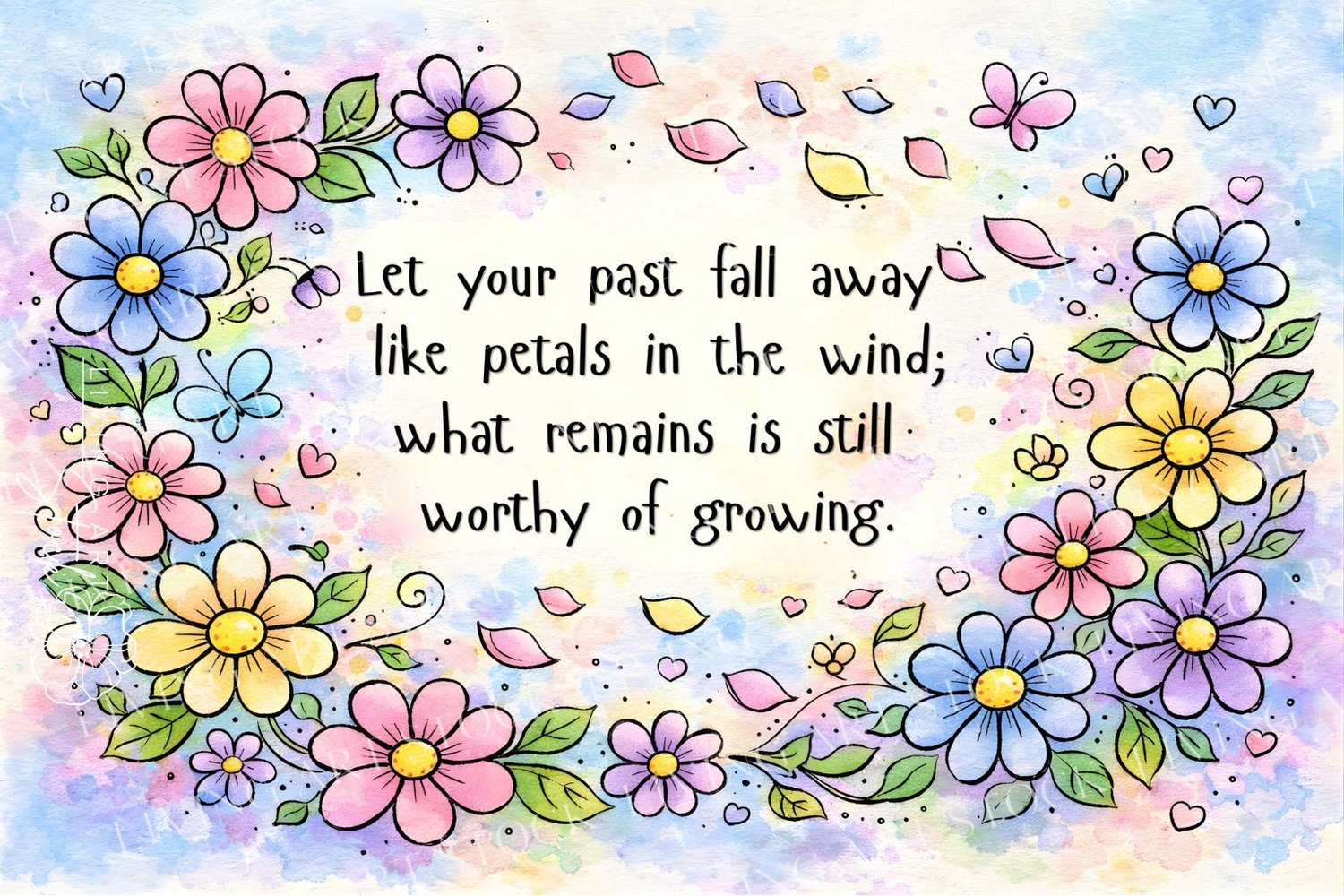 A colorful, illustrative watercolor print featuring a central, handwritten inspirational quote: "Let your past fall away like petals in the wind; what remains is still worthy of growing." The text is framed by a vibrant border of colorful flowers (pink, p