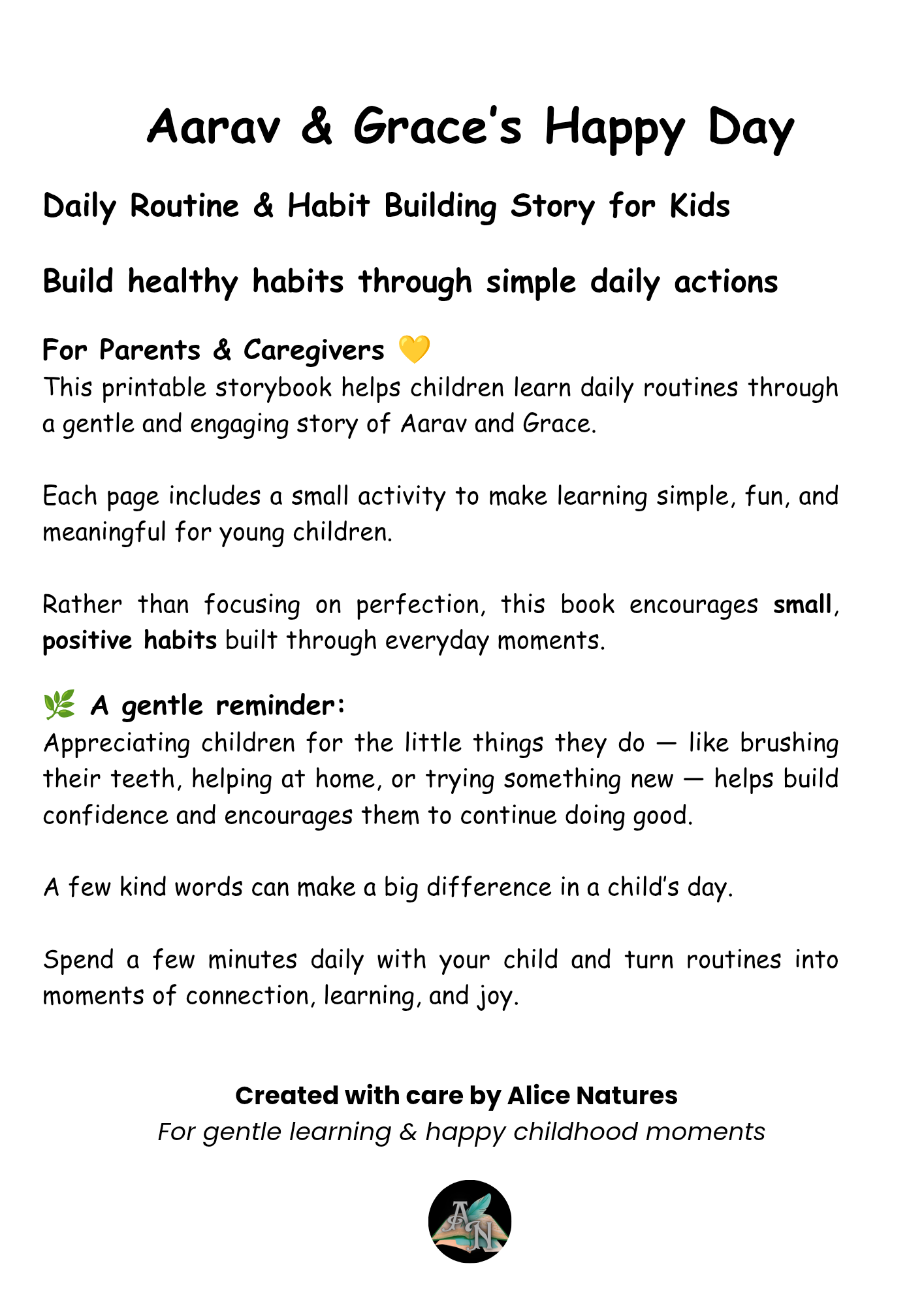 Printable kids routine book introduction page for parents explaining habit building and daily learning