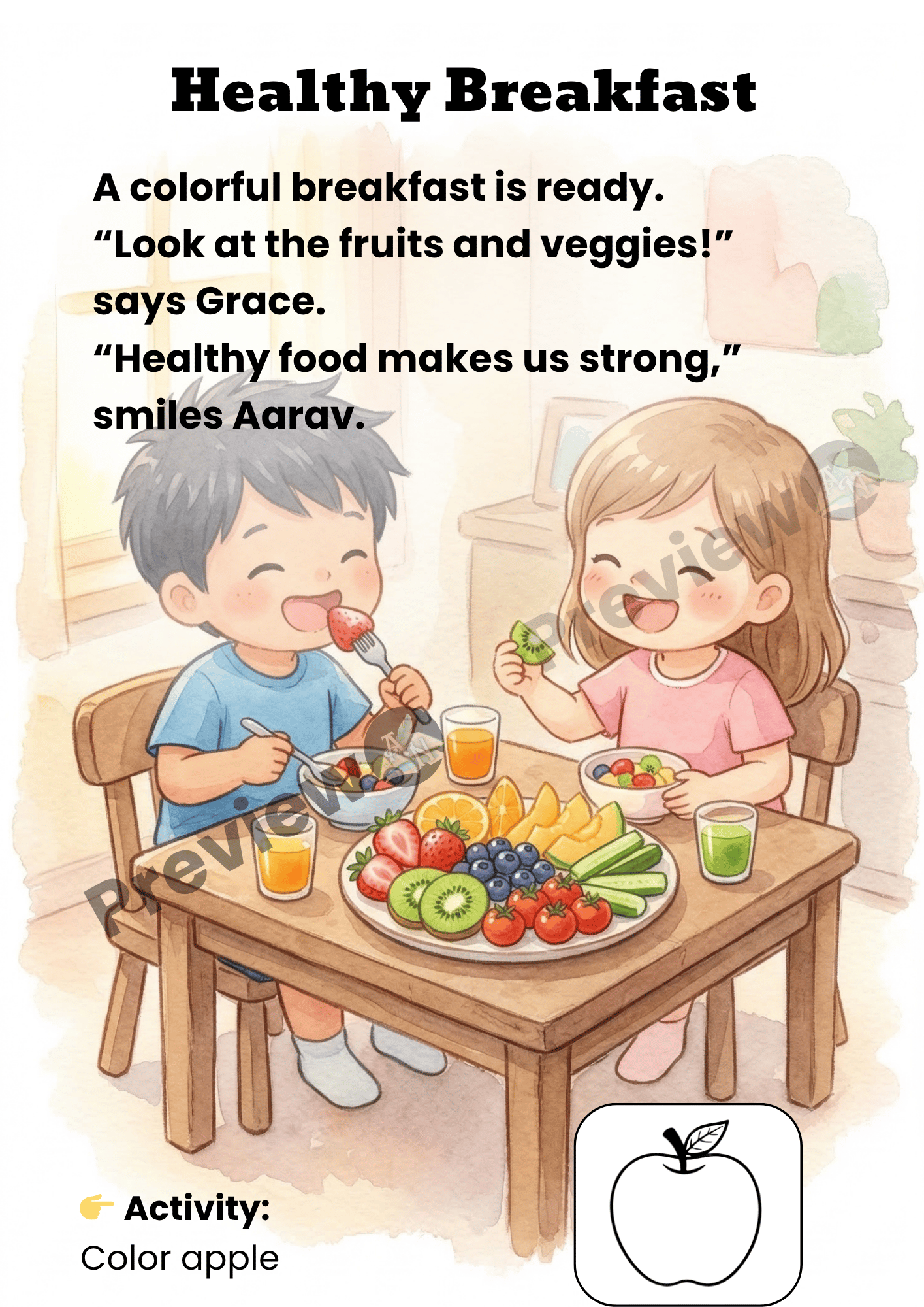 Kids printable story and activity page showing healthy breakfast routine with coloring activity
