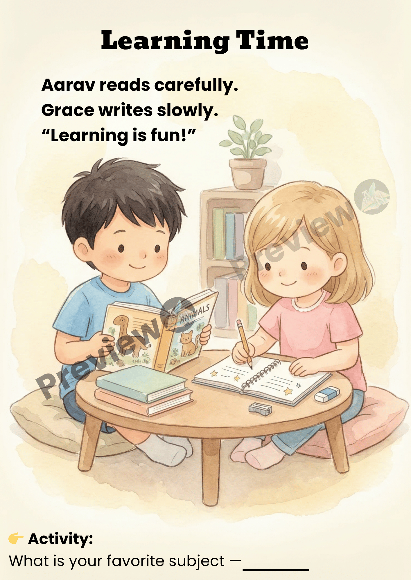 Kids printable story and activity page showing healthy breakfast routine with coloring activity