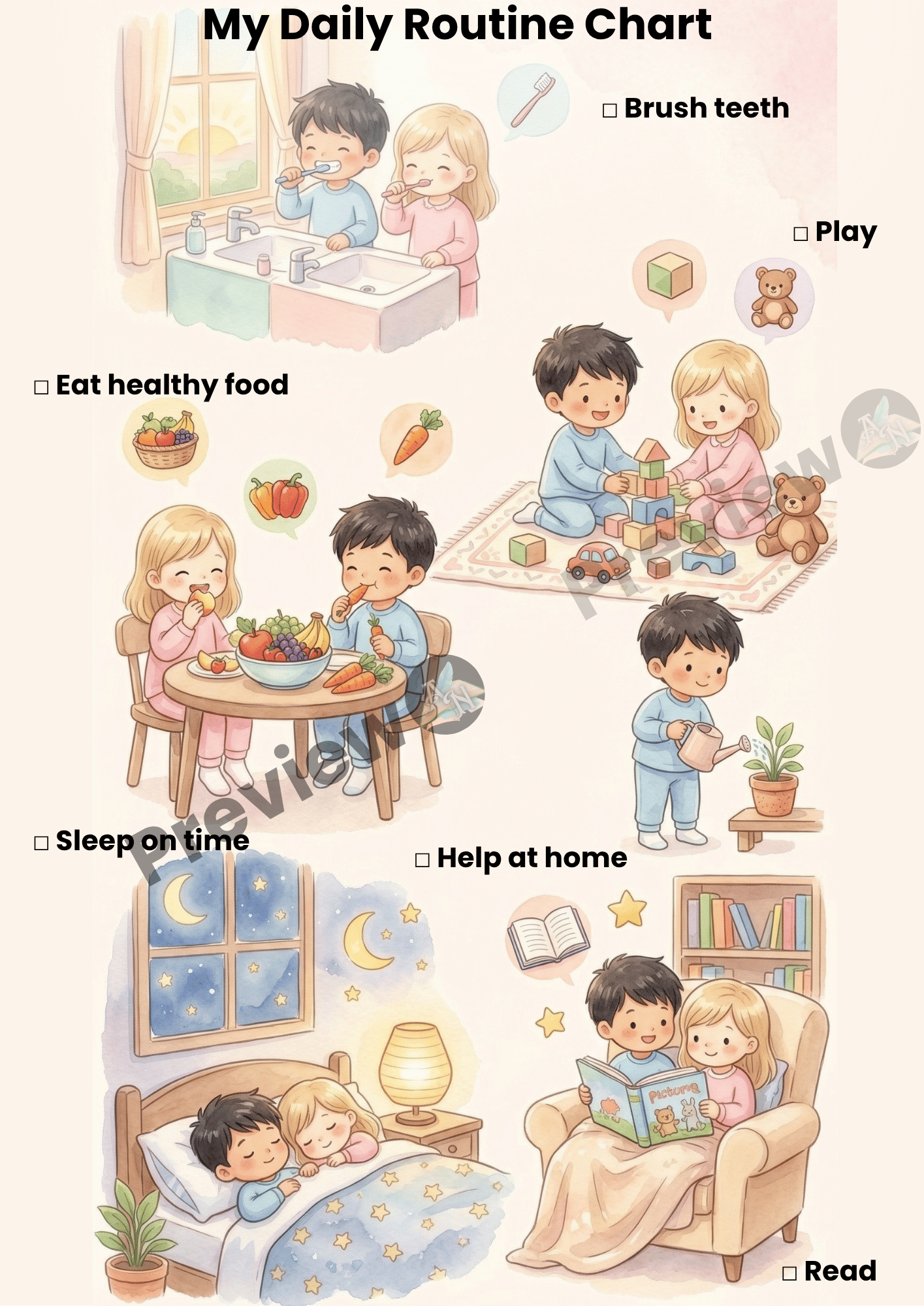 Daily routine chart for kids printable with morning, play, and bedtime habits
