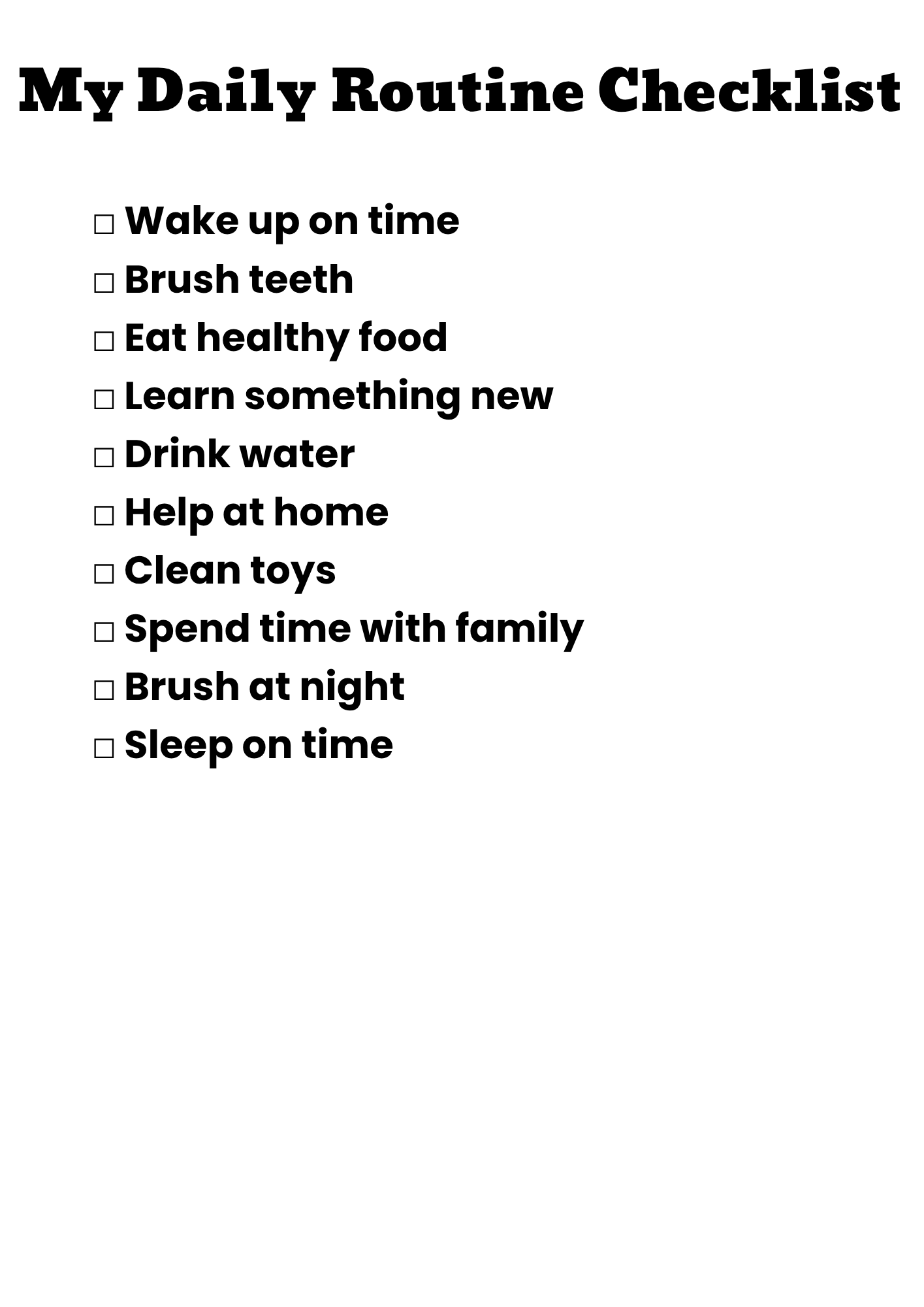 Printable daily routine checklist for kids including brushing, eating, learning, and sleeping habits