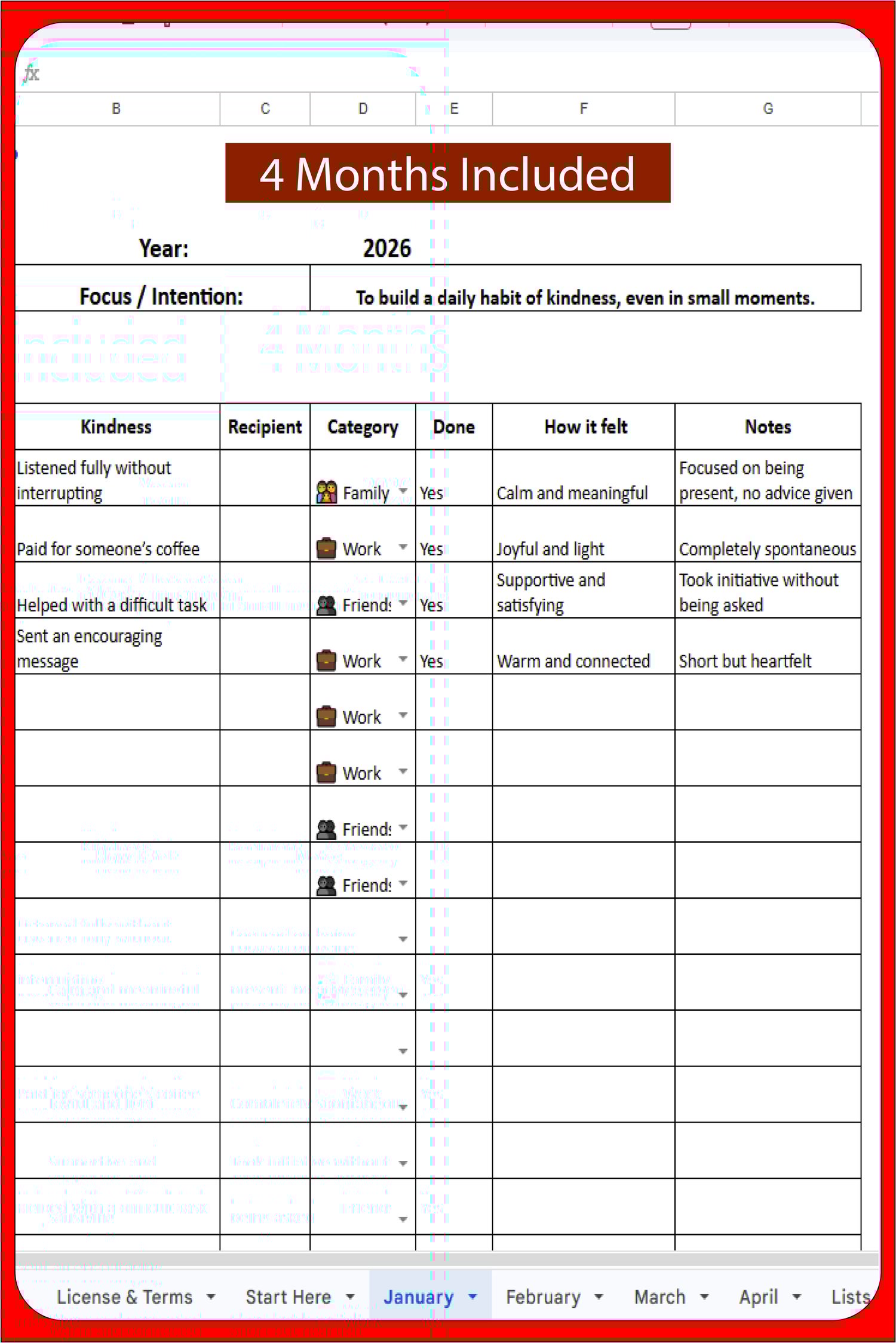 Screenshot of the January tab in Google Sheets showing a daily kindness log with categories, recipient, and notes columns for the first 4 months.