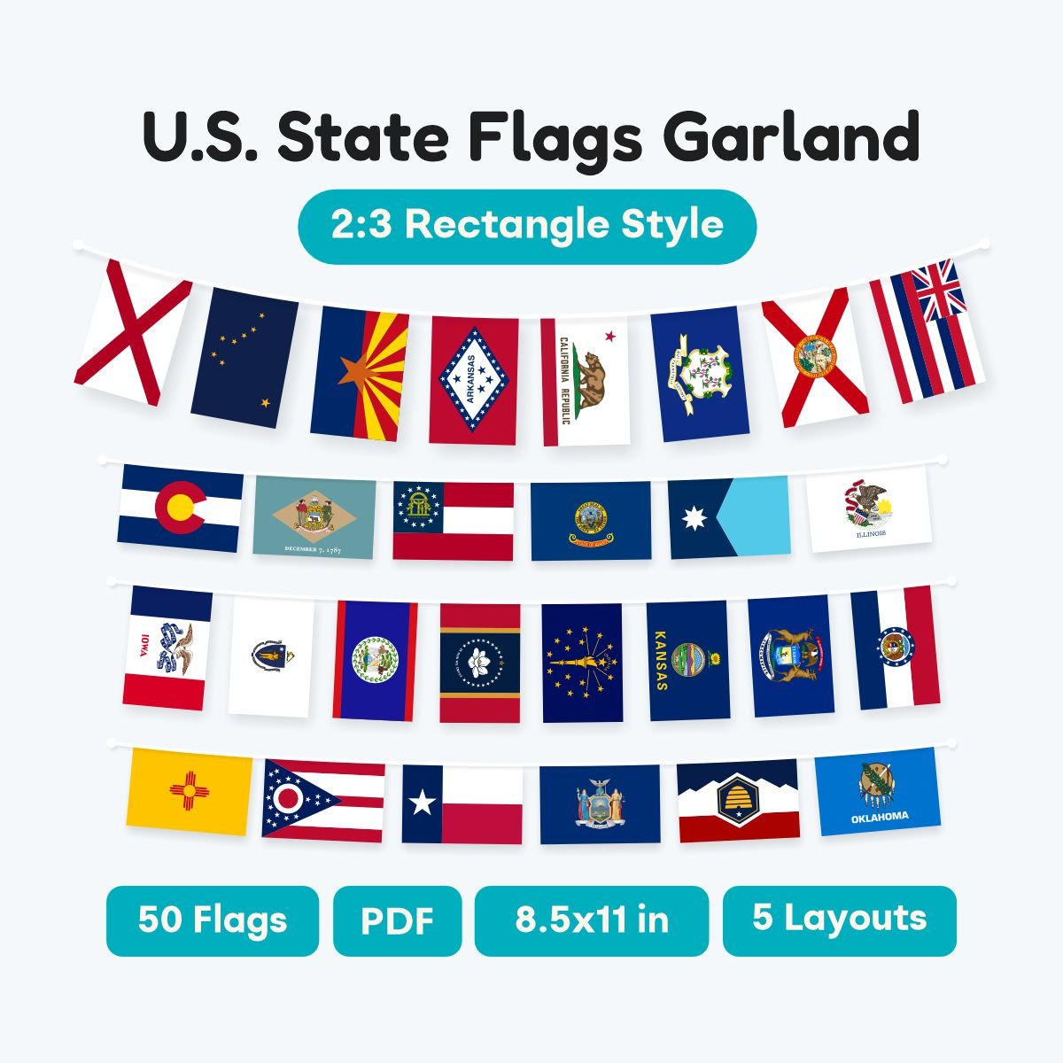 US State Flags Garland Printable PDF, 50 states rectangle banner for classroom decor, educational geography bunting, instant digital download.