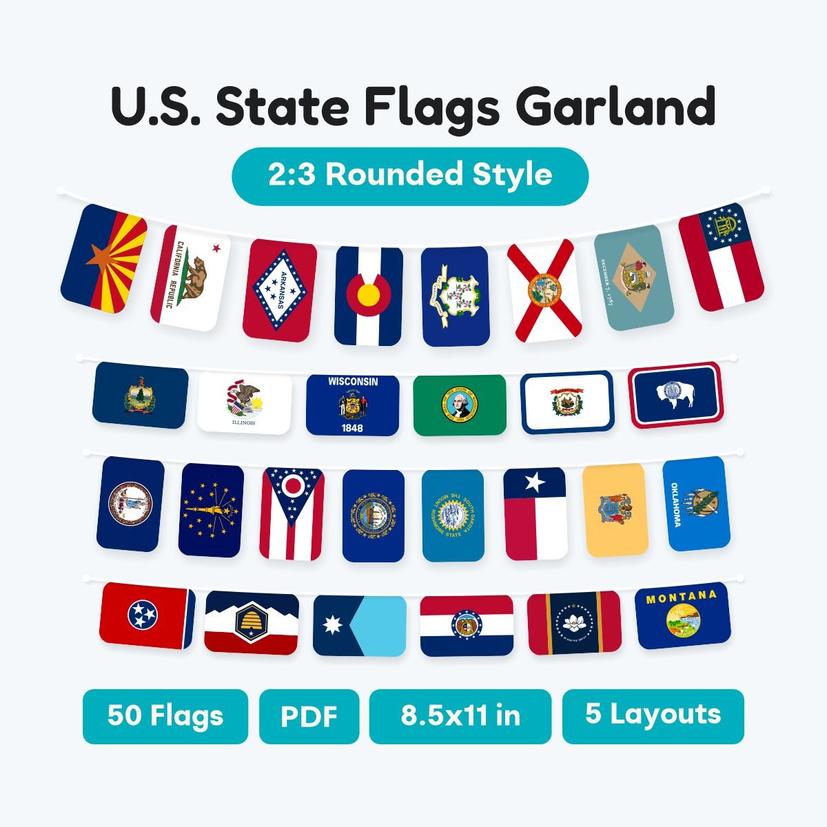 US State Flags Garland Printable PDF, 50 states 2:3 rounded banner for classroom decor, modern geography bunting, instant digital download.