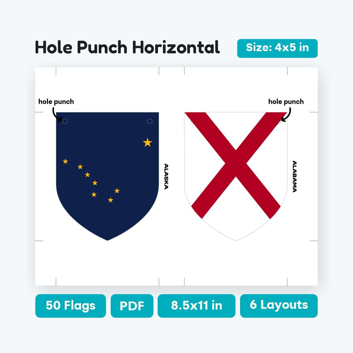 50 US State Flags Shield Bunting, printable shield shaped banner for classroom wall decor, geography themed party decorations, high-quality PDF.