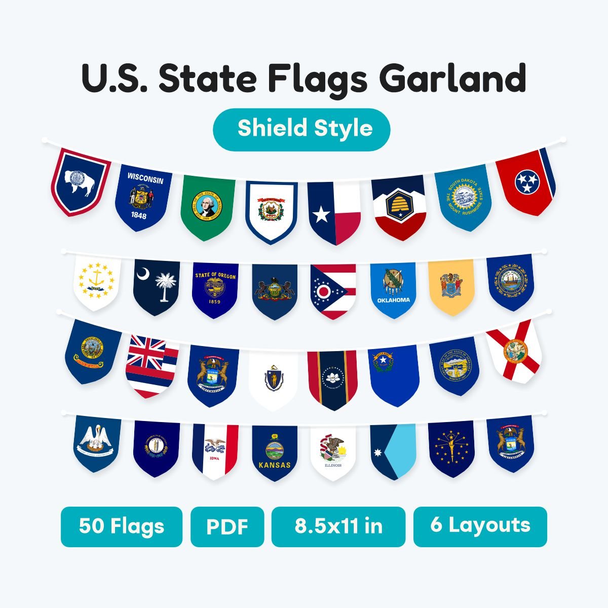 US State Flags Shield Garland Printable PDF, 50 states shield shaped banner for classroom decor, educational geography bunting, instant download.