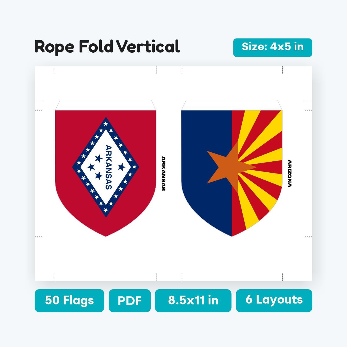 Printable US State Shield Flag Garland, 50 states crest flags for educational displays, homeschool geography decor, easy to cut shield banner.