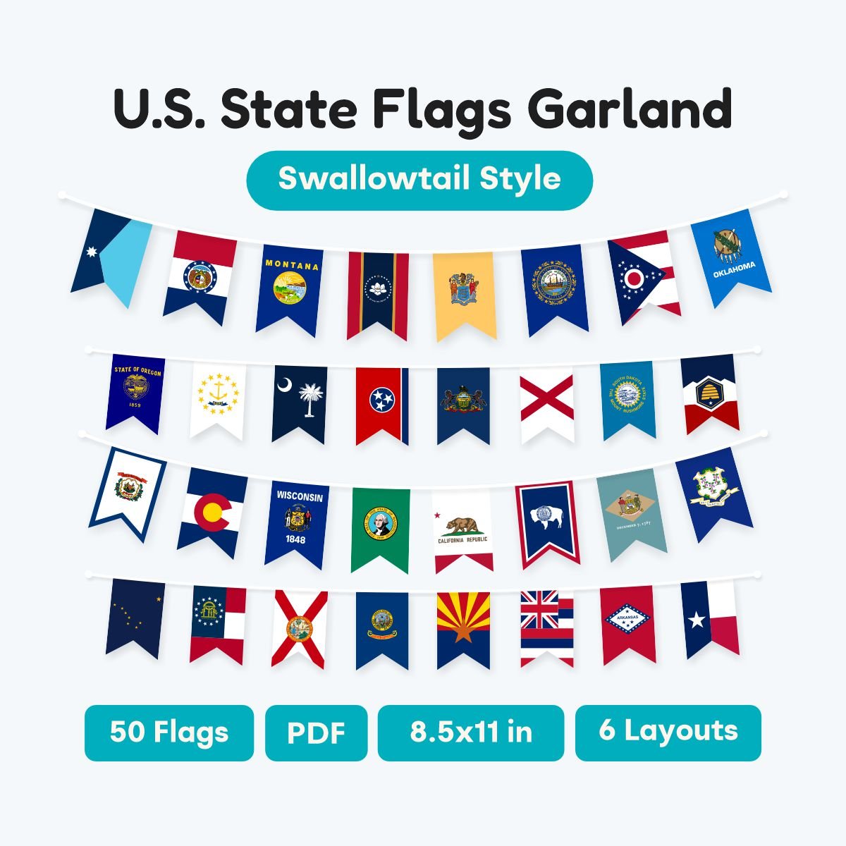 US State Flags Swallowtail Garland Printable PDF, 50 states swallowtail shaped banner for classroom decor, educational geography bunting, instant download.