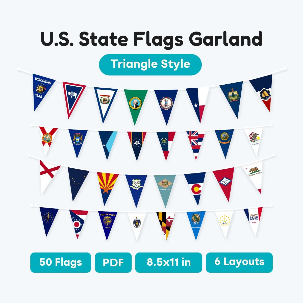 US State Flags Triangle Garland Printable PDF, 50 states pennant shaped banner for classroom decor, educational geography bunting, instant download.