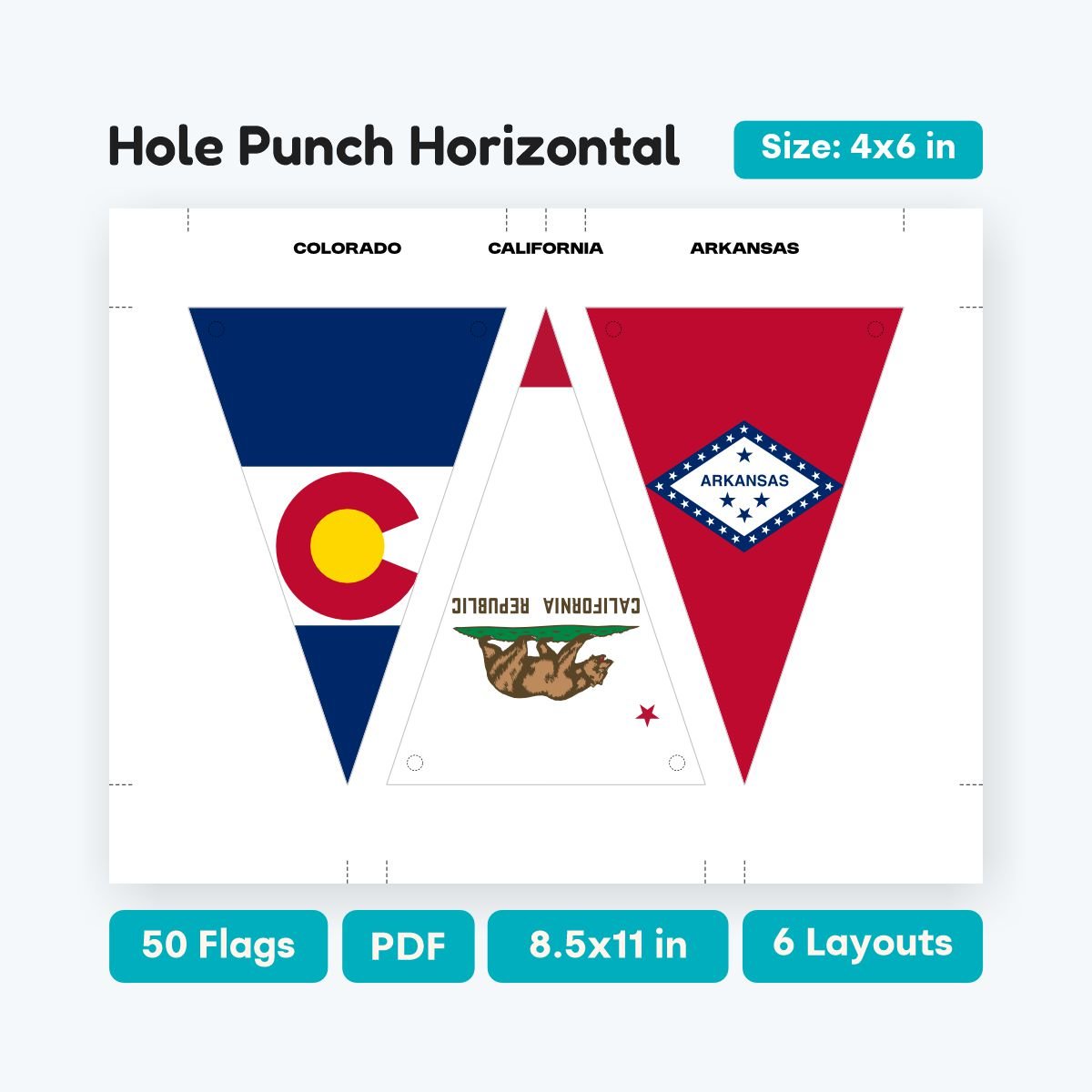 50 US State Flags Triangle Bunting, printable pennant shaped banner for classroom wall decor, geography themed party decorations, high-quality PDF.