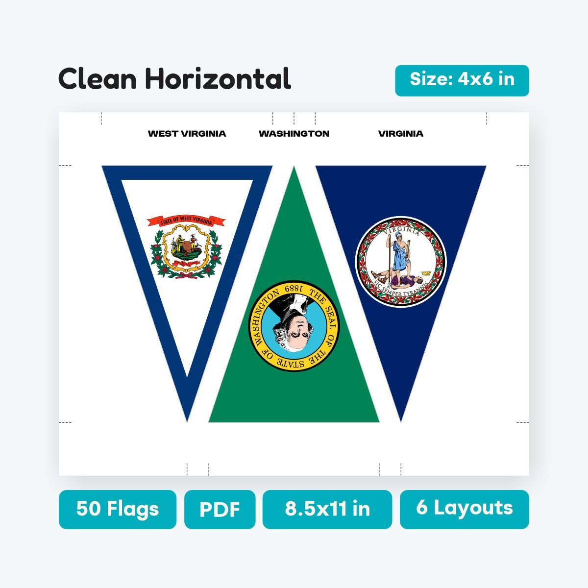 United States Triangle Flag Banner Printable, 50 states pennant flags for school parties and geography lessons, DIY educational garland PDF.