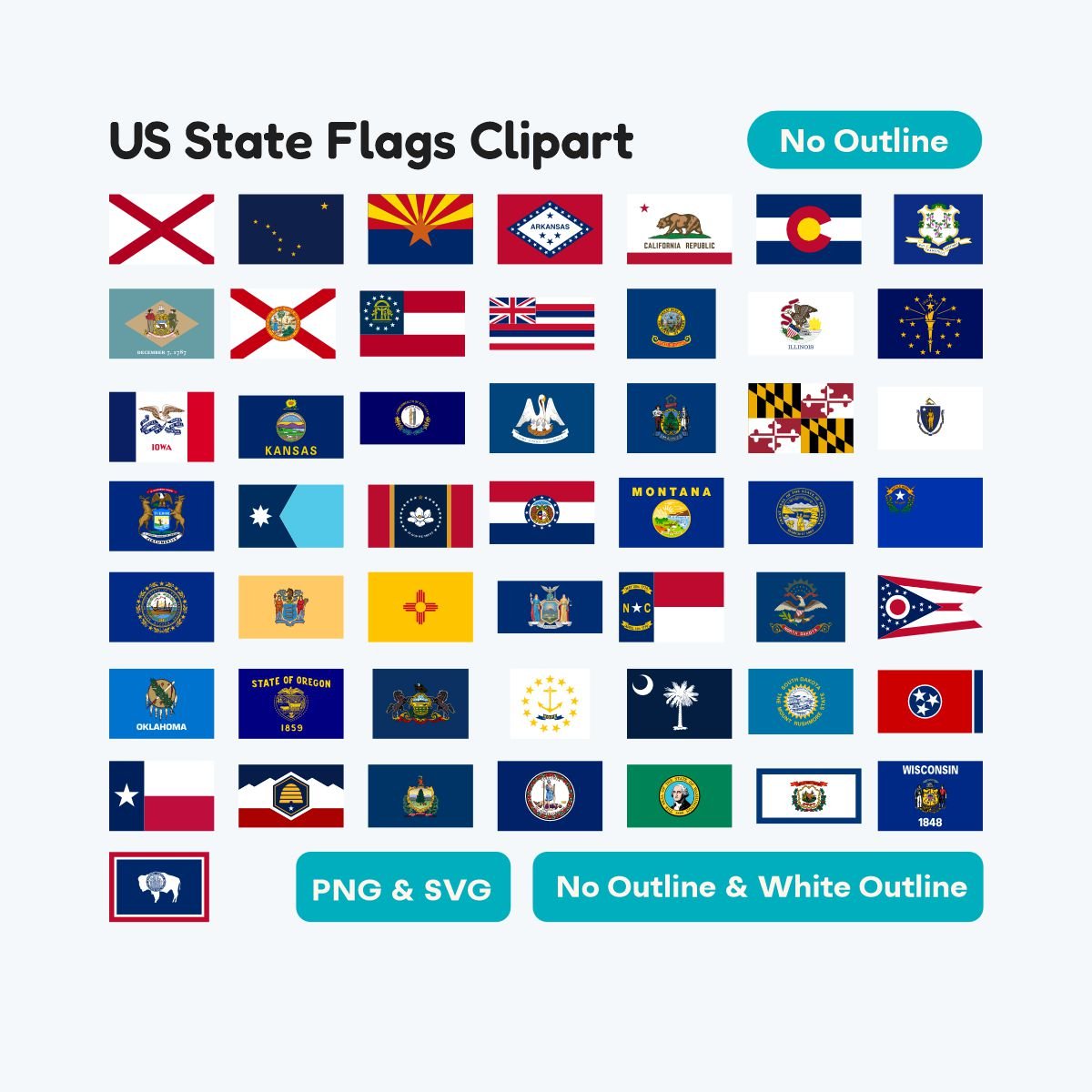 US State Flags Original Proportion, printable geography clipart PDF, high resolution SVG for Cricut and silhouette, accurate flags for school projects.