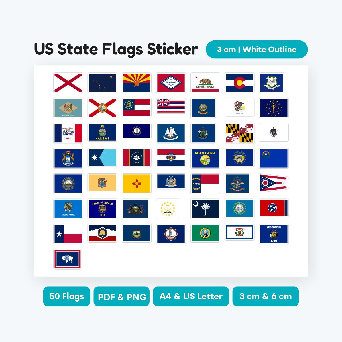 US Geography Accurate Flag Clipart, 50 states in original ratio SVG and PNG format, printable stickers for students and teachers, digital art bundle.