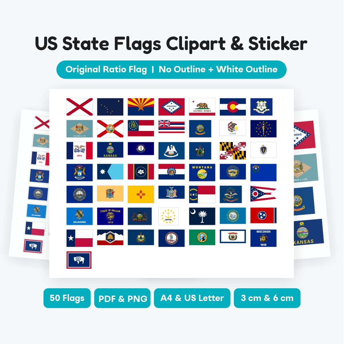 50 US State Flag Clipart Original Ratio, authentic proportion flags SVG and PNG, educational geography stickers for kids, instant digital download.