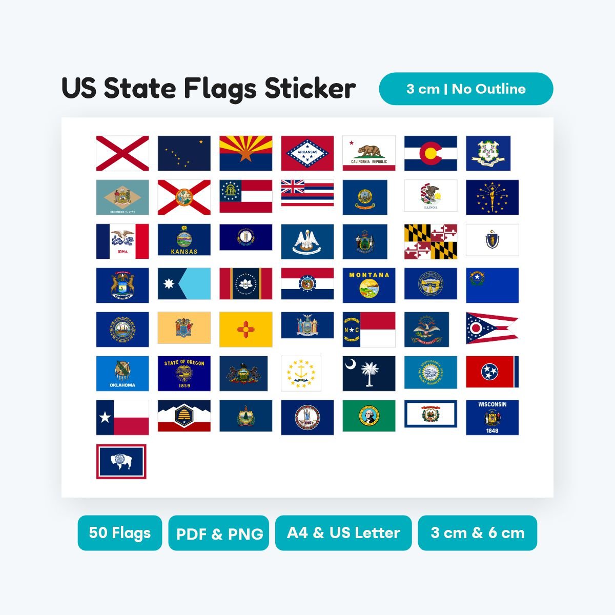 United States Original Ratio Flag Stickers, 50 states authentic icons, SVG and PNG format for planners, educational history classroom decor printable.