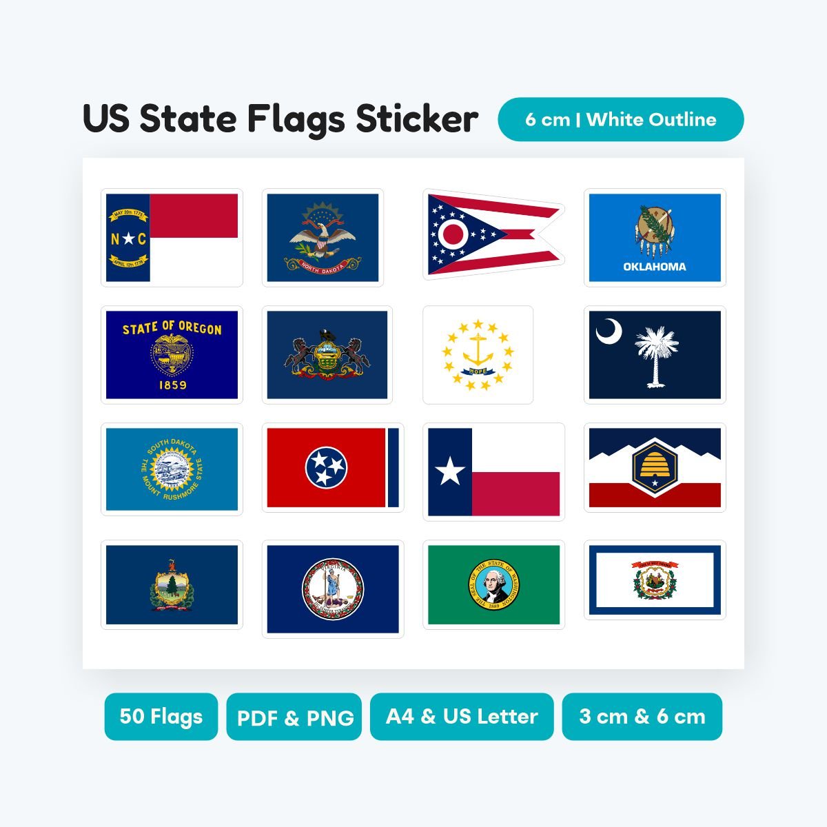 50 US States Authentic Flag Clipart, high resolution PNG and SVG files, printable original ratio geography stickers for laptops, educational student tool.