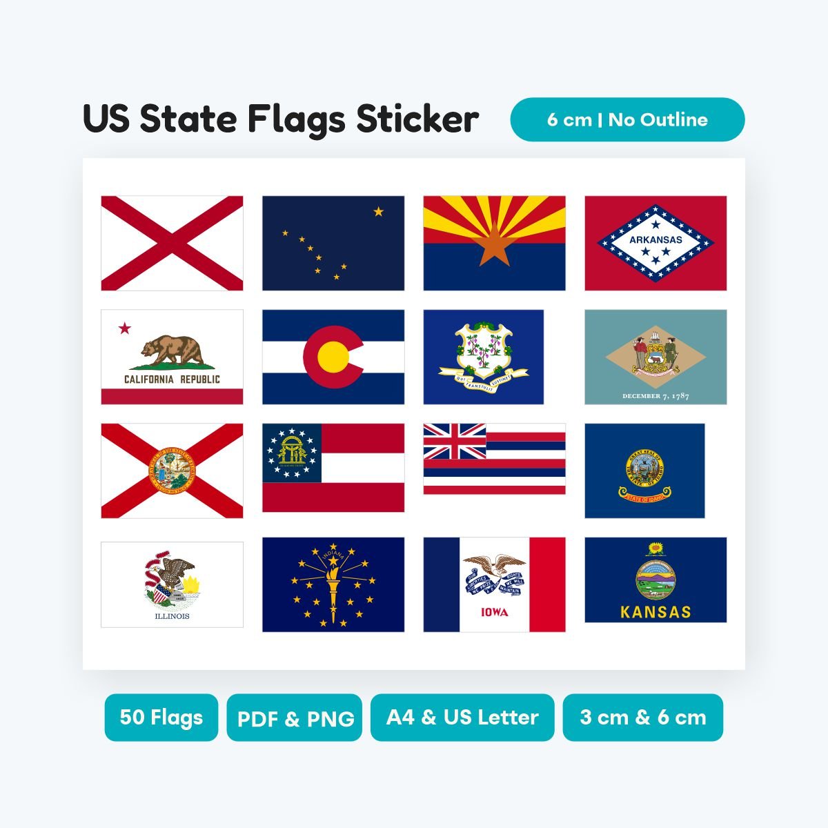 Printable US State Flag Stickers Original Ratio, 50 states authentic PDF, geography clipart for homeschool and classroom activities, instant download.