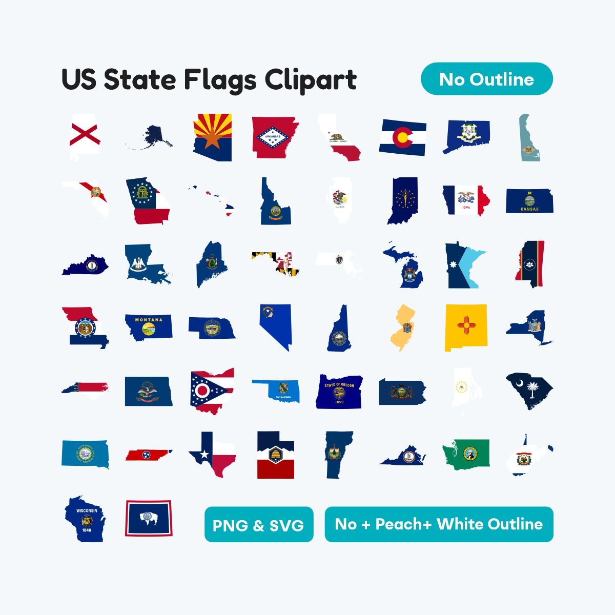 50 US States Flag Map Silhouettes, printable geography clipart PDF, high resolution SVG for Cricut and silhouette, perfect for travel journals and crafts.