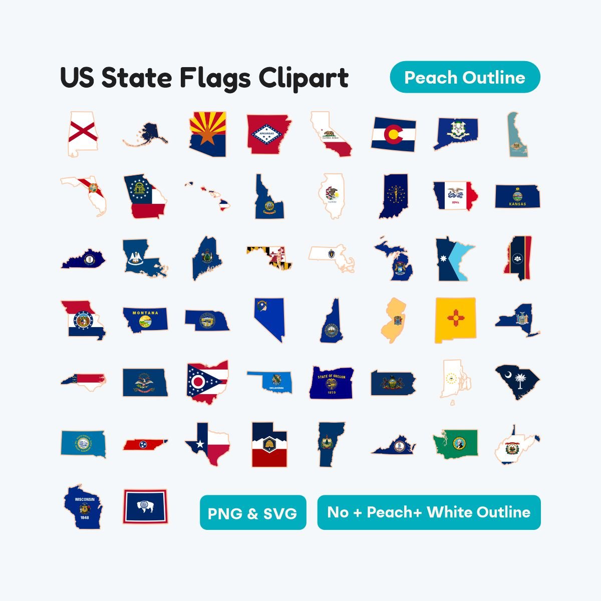 United States Flag Map Stickers, 50 states map icons with flags, SVG and PNG format for planners, educational science and history classroom decor.