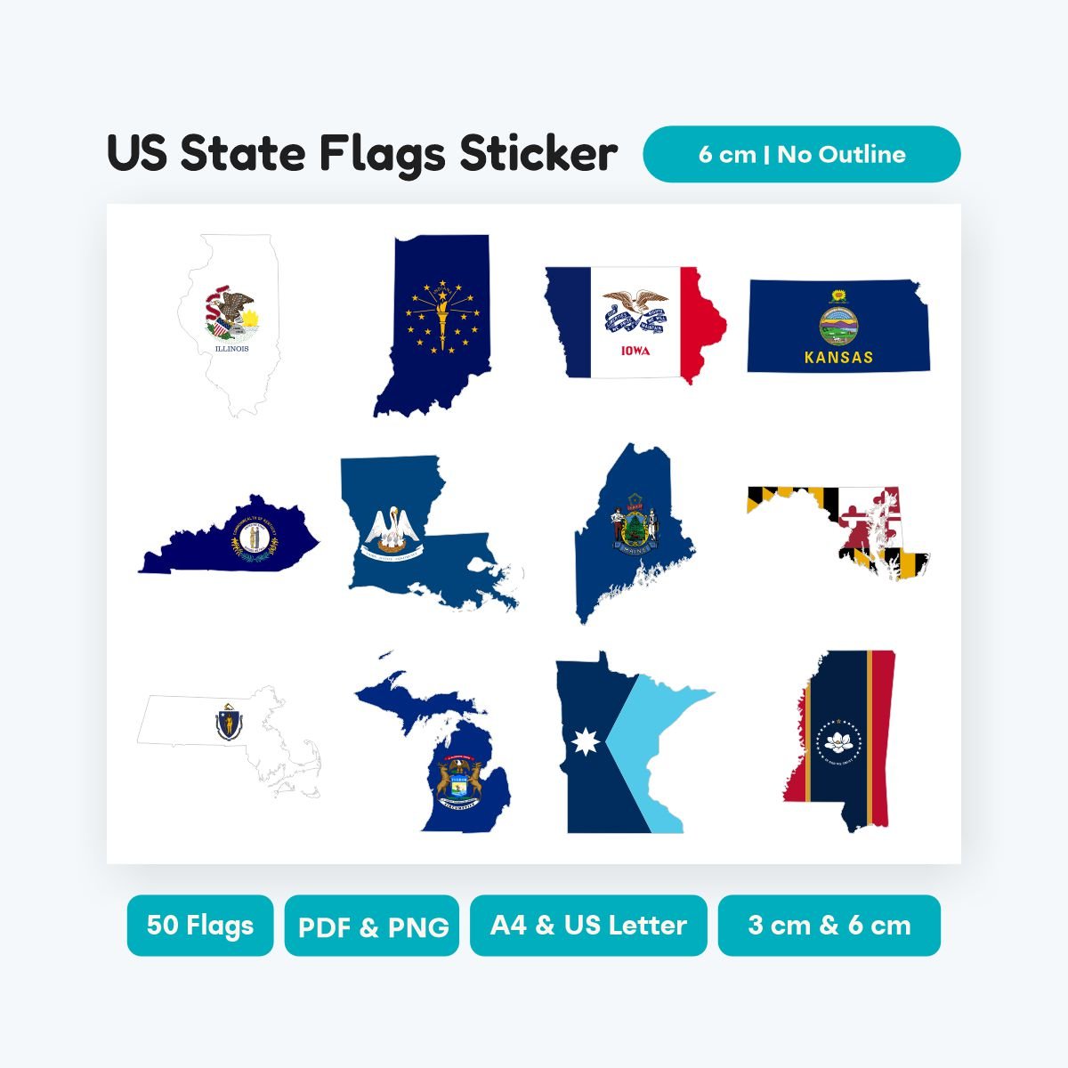 US State Map Icons with Flags, 50 states clipart bundle, SVG and PNG for digital design, printable PDF for school geography lessons and travel crafts.