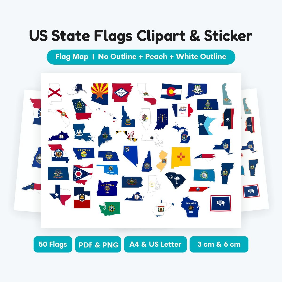 US State Flag Map Clipart Printable Sticker, 50 states map shape flag SVG and PNG files, educational geography stickers for kids, instant digital download.