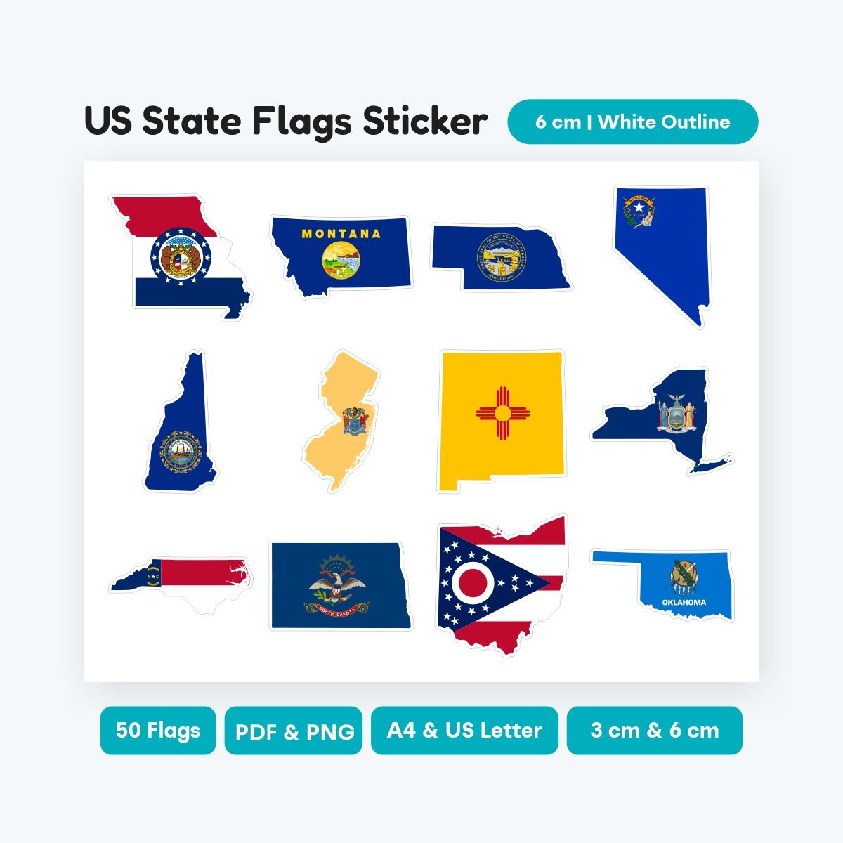 United States Flag Map Stickers Printable, all 50 states included in map shapes, high quality SVG for cutting machines, geography clipart for kids.