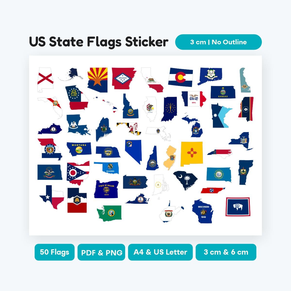 Printable US State Map Flag Stickers, 50 states map icons PDF, geography clipart for homeschool and classroom activities, instant digital download.