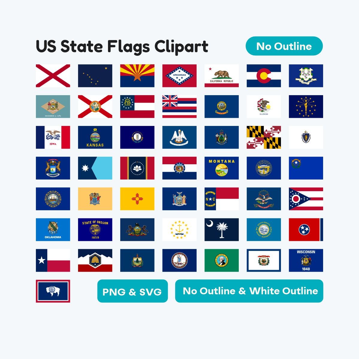 United States State Flags 3:2 Proportion, printable geography clipart PDF, high resolution SVG for Cricut and silhouette, perfect for uniform sticker labels.