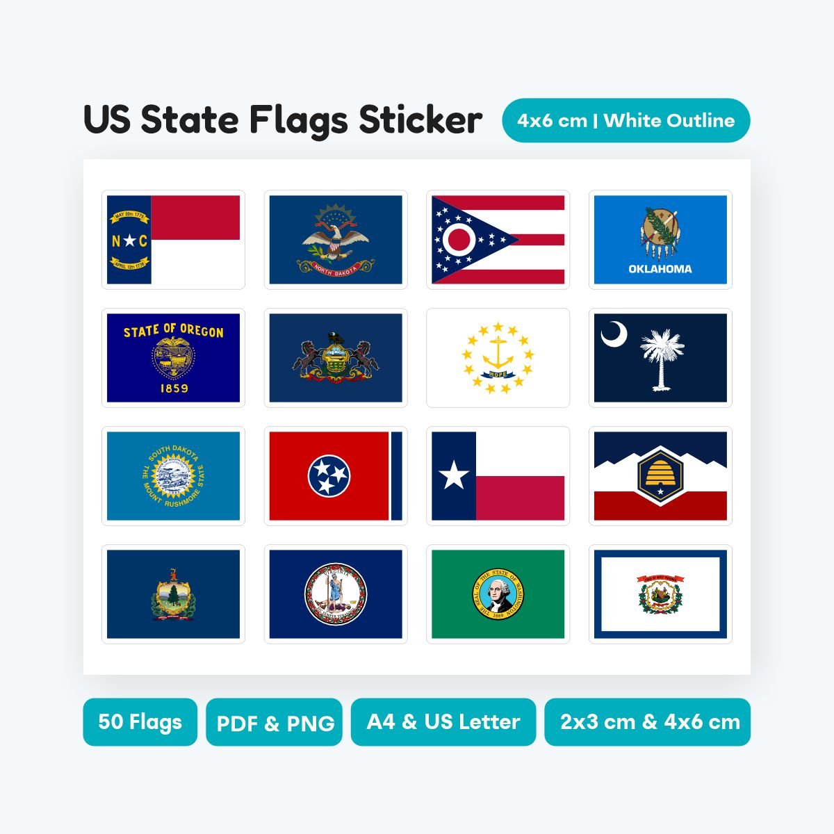 US State 3:2 Ratio Icons with Flags, 50 states clipart bundle, SVG and PNG for digital design, printable PDF for school geography lessons and crafts.