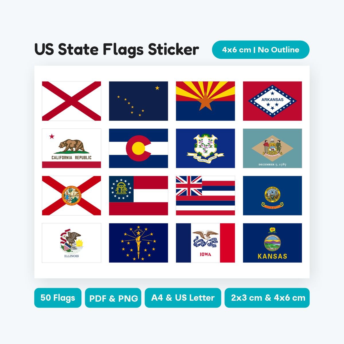 50 US States Rectangular Flag Clipart, high resolution PNG and SVG files, printable 3:2 geography stickers for laptops and planners, educational student tool.