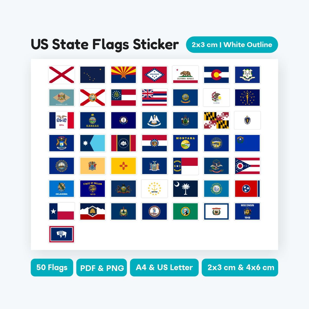 Printable US State Flag Stickers 3:2 Ratio, 50 states uniform icons PDF, geography clipart for homeschool and classroom activities, instant digital download.