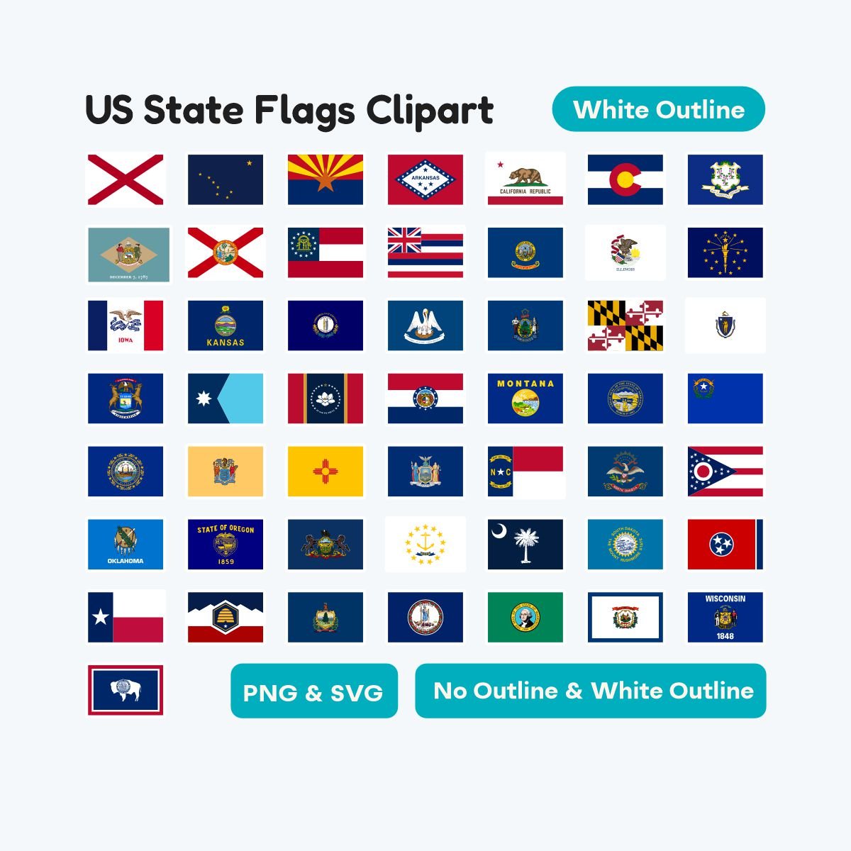 US State Flags Standard 3:2 Stickers, 50 states rectangular icons, SVG and PNG format for planners, educational history classroom decor printable.