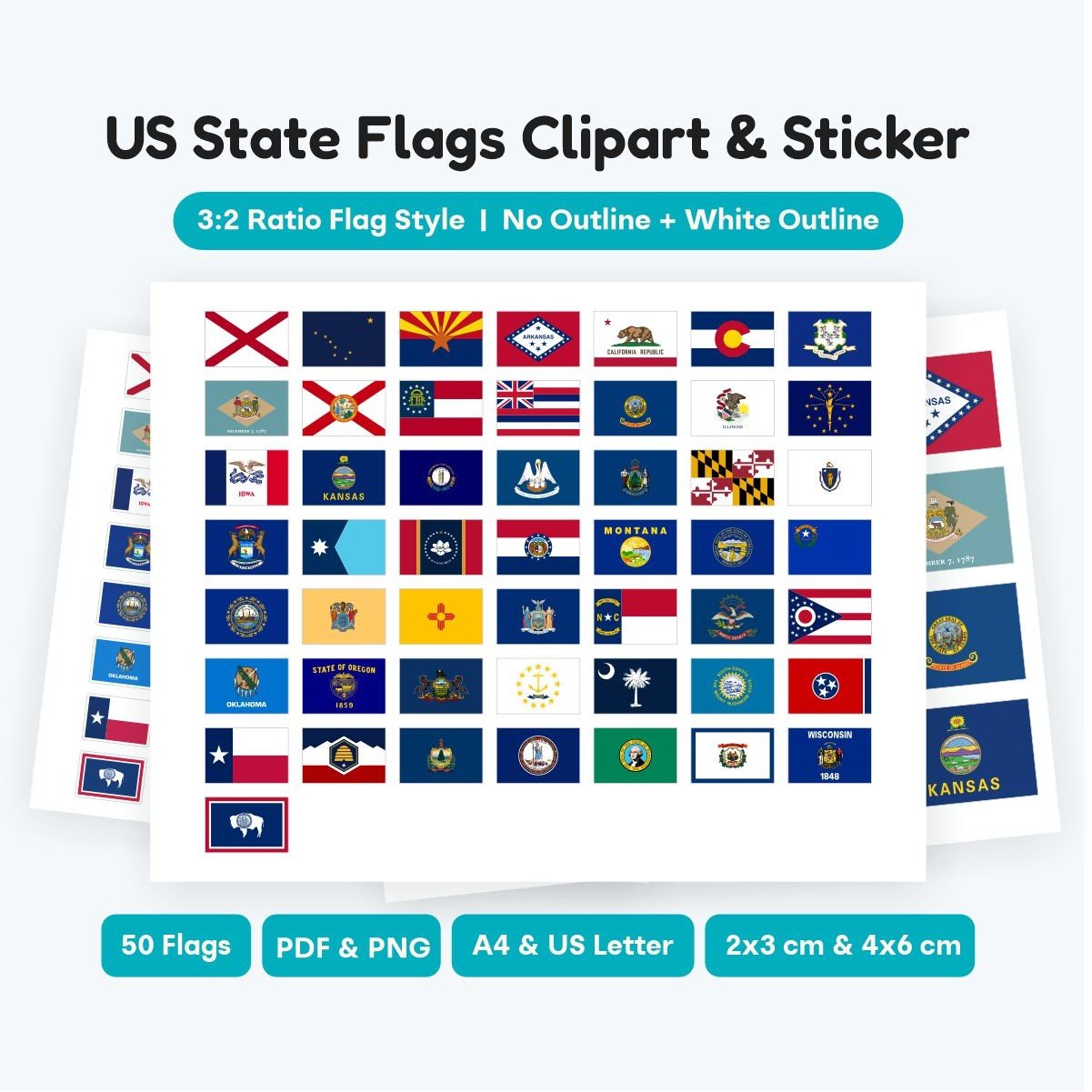 50 US State Flags Clipart 3:2 Ratio, uniform rectangle flag SVG and PNG files, educational geography stickers for kids, instant digital download.