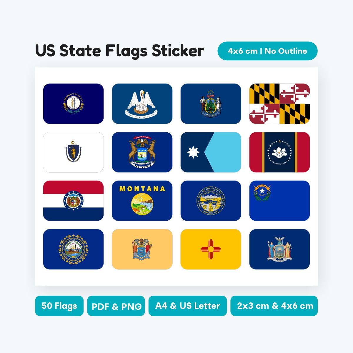 50 US States 3:2 Rounded Flag Clipart, high resolution PNG and SVG files, printable modern geography stickers for laptops and planners, student tool.